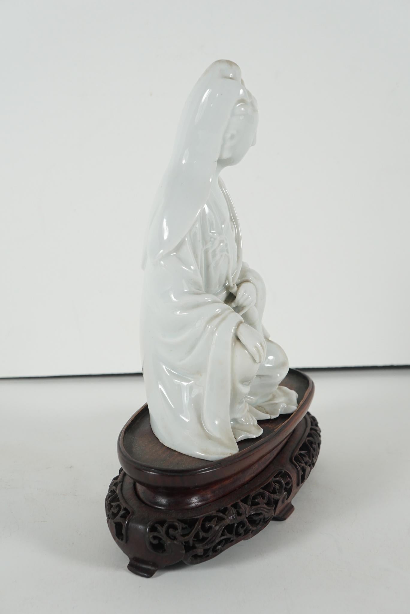 This figure produced in Dauhan porcelain in China in the 1780s represents the Bodhisattva Avalokitesvara known in China as Quanyin. She is the figure most associated with compassion and mercy. Dauhun porcelain is a type of true white wares made in