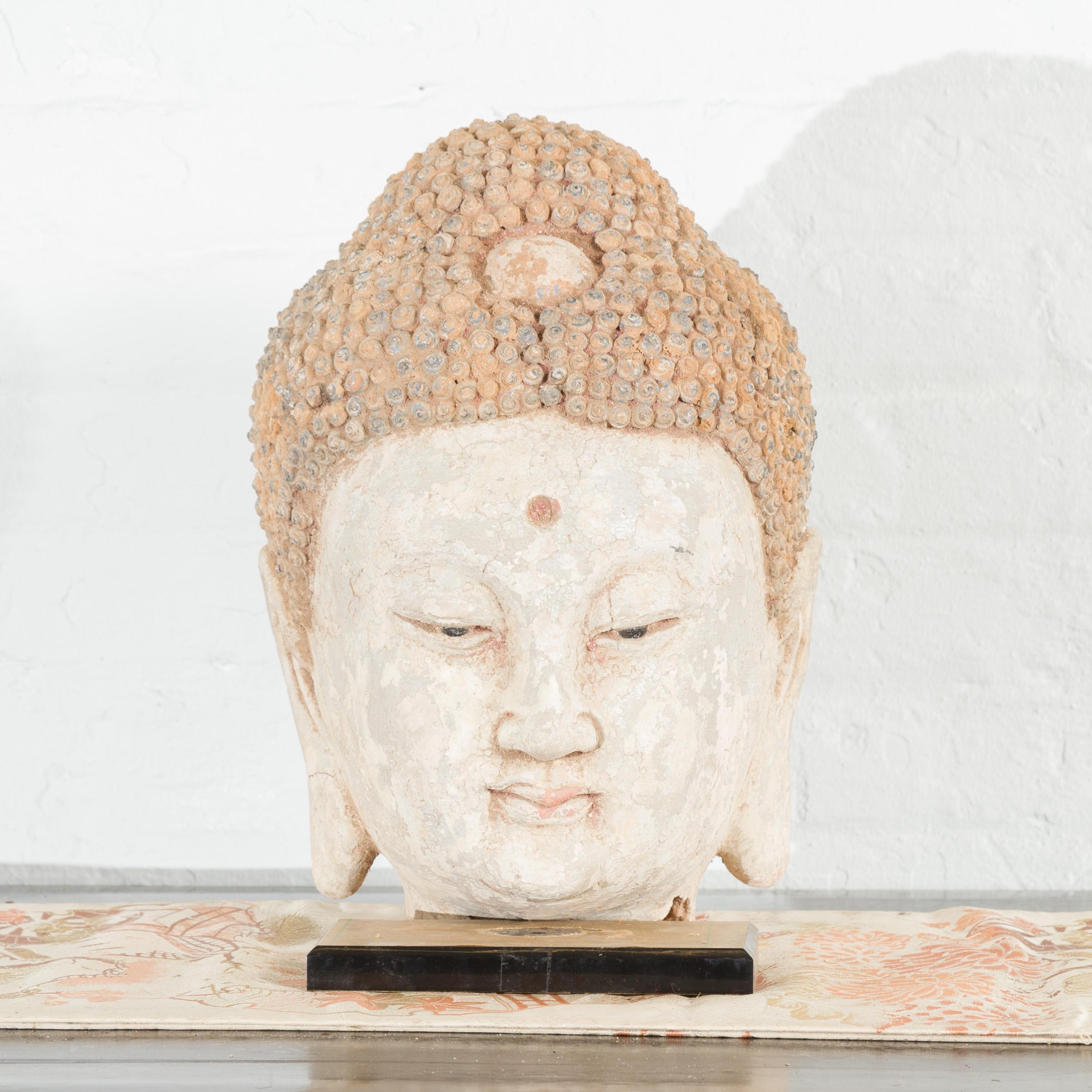 A Chinese terracotta Buddha head sculpture from the 18th century or earlier, with custom stand. Created in China, this 18th century (or earlier) sculpture depicts a Buddha head topped with the traditional Ushnisha, made of snail shell curls. Carved