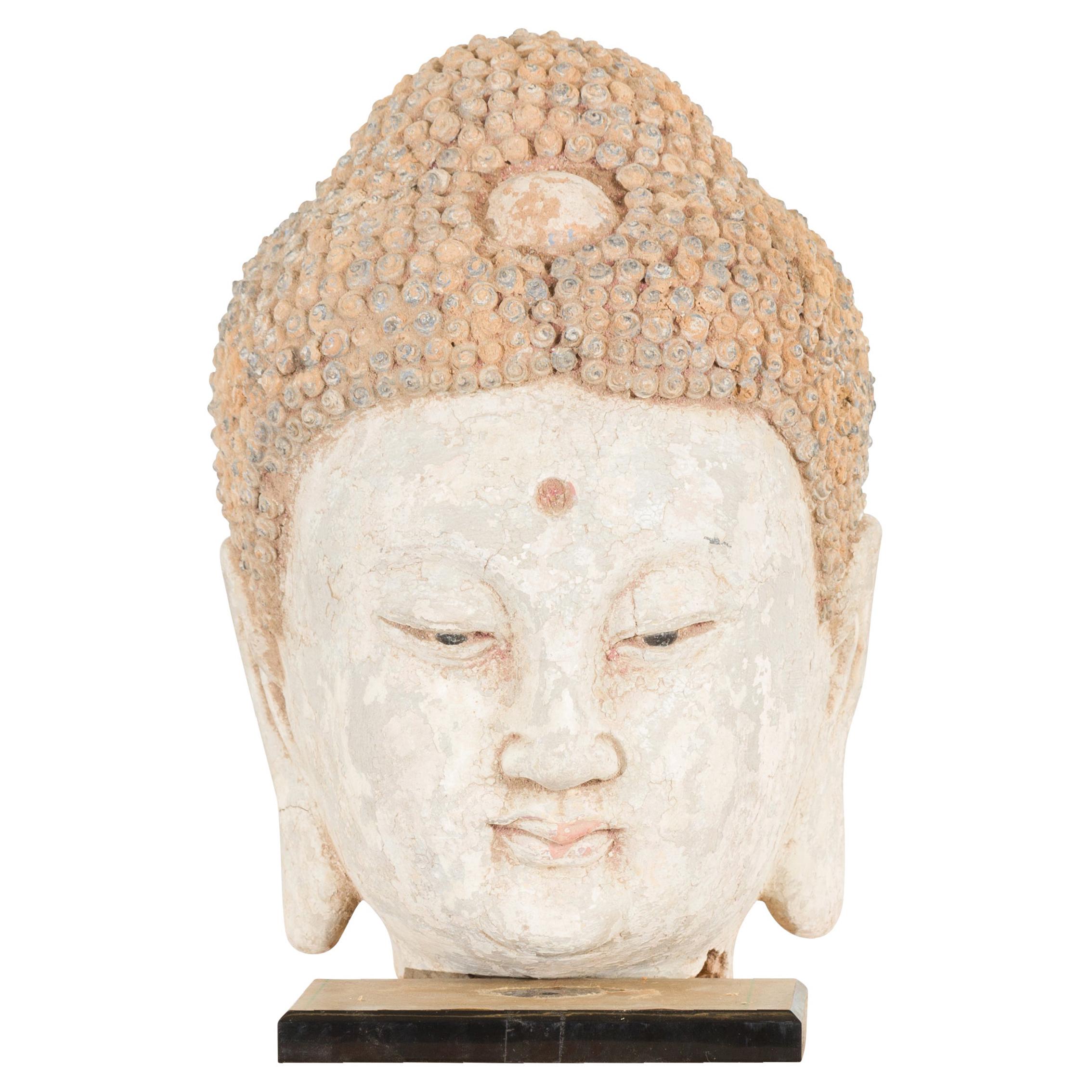 Chinese 18th Century or Earlier Terracotta Buddha Head Sculpture on Custom Stand