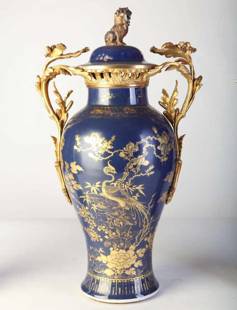 Other Chinese 18th Century Powder Blue Gilt-Decorated Set of Three Vases For Sale