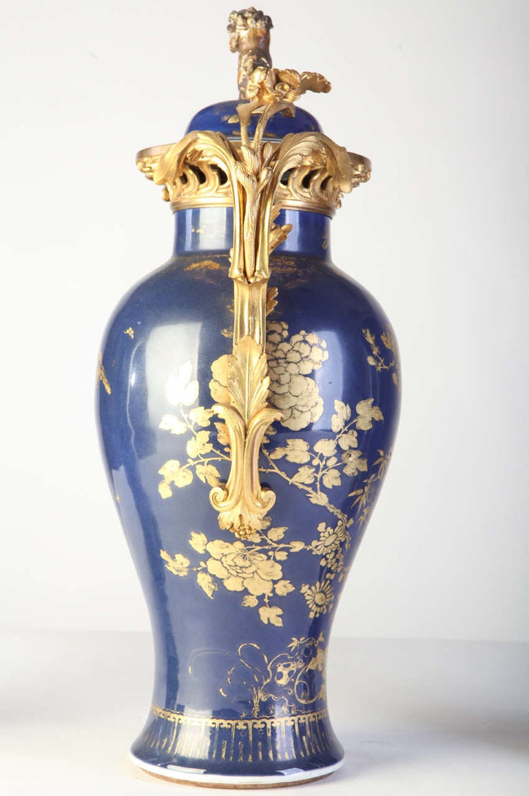 Late 18th Century Chinese 18th Century Powder Blue Gilt-Decorated Set of Three Vases For Sale