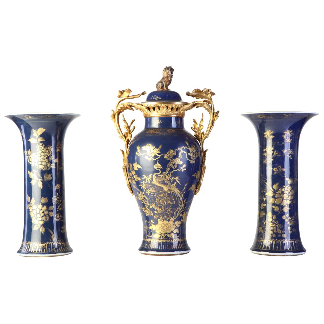 Chinese 18th Century Powder Blue Gilt-Decorated Set of Three Vases