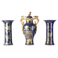Chinese 18th Century Powder Blue Gilt-Decorated Set of Three Vases