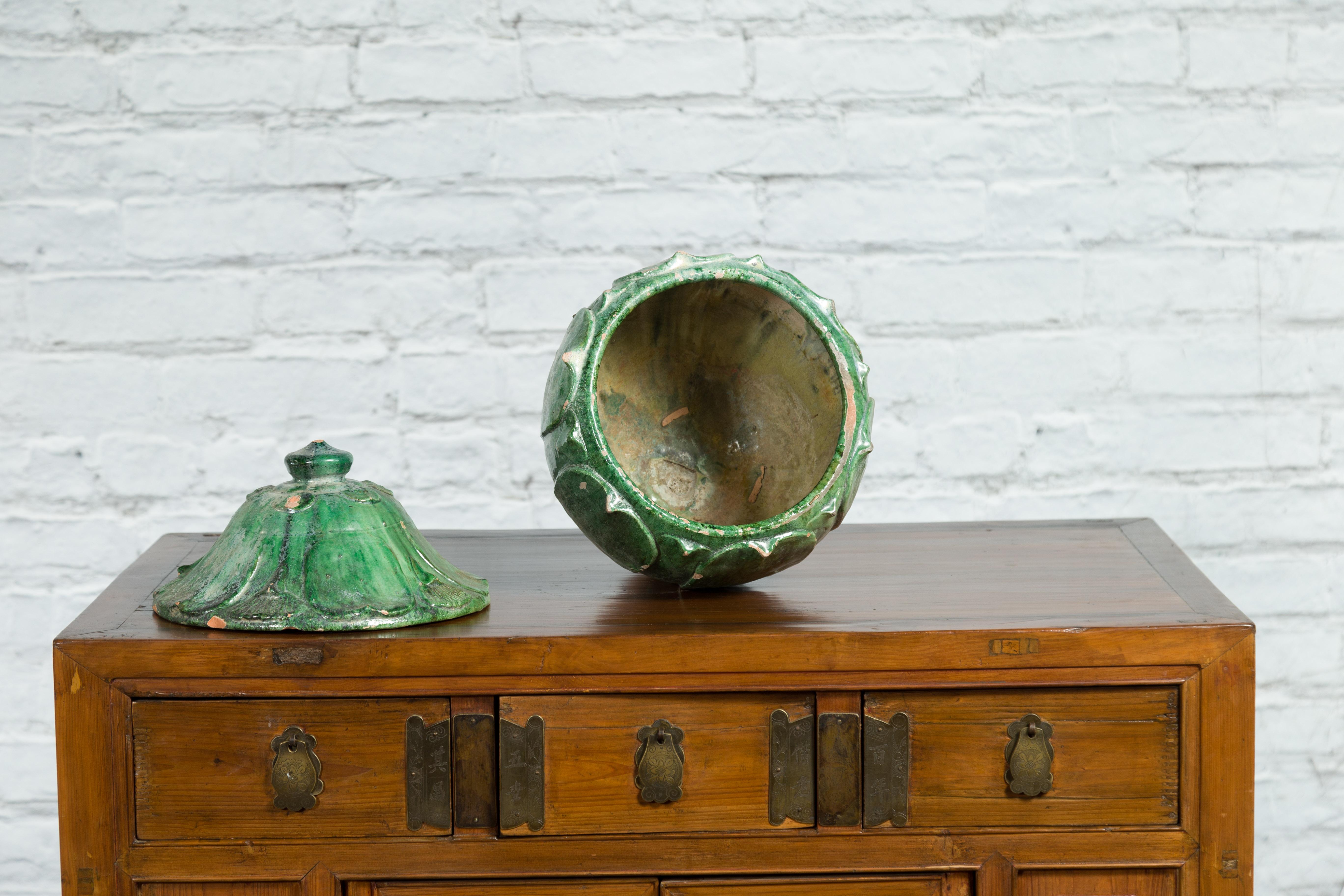Chinese 18th Century Qing Dynasty Green Glazed Terracotta Lotus Shaped Jar 5