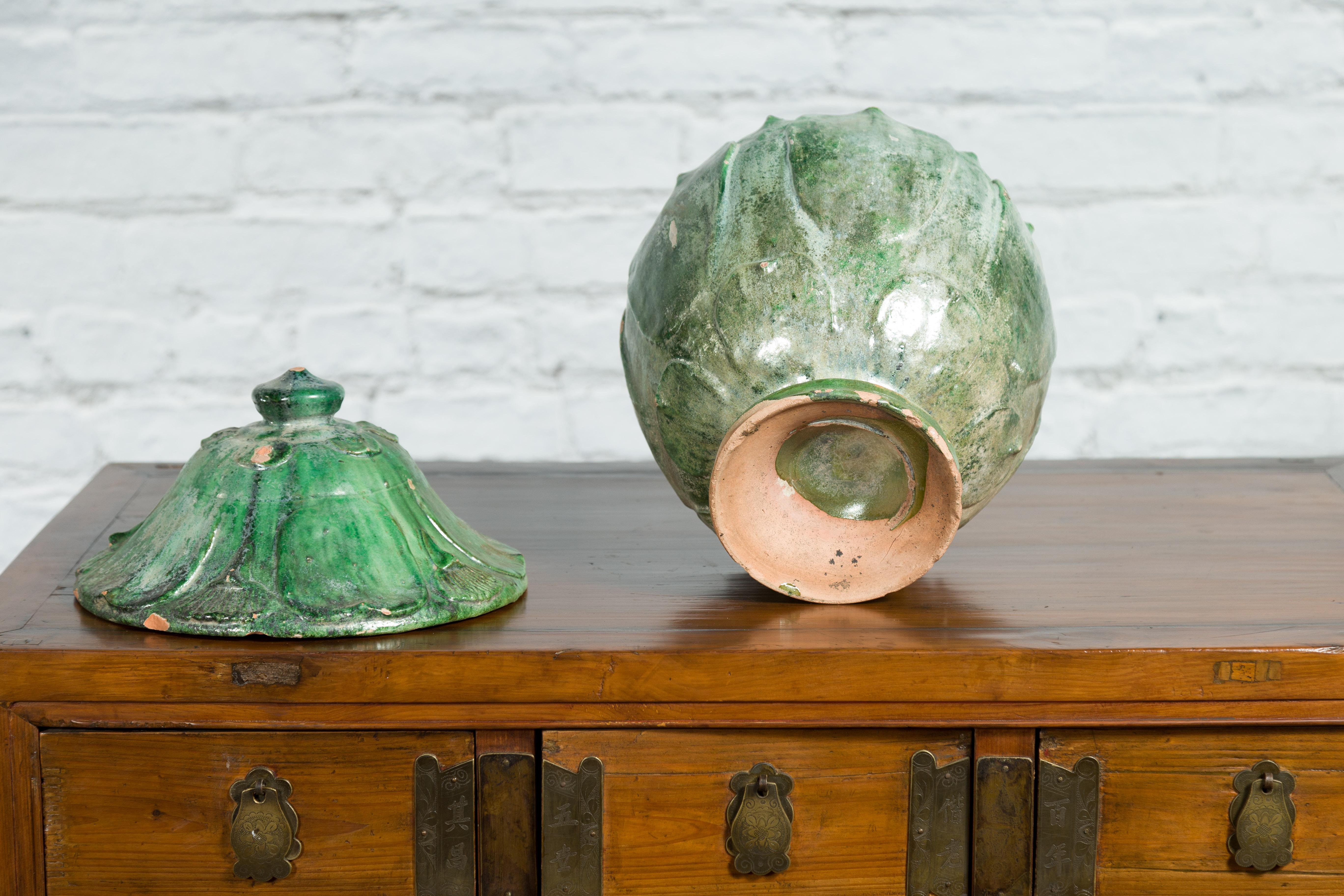 Chinese 18th Century Qing Dynasty Green Glazed Terracotta Lotus Shaped Jar 6