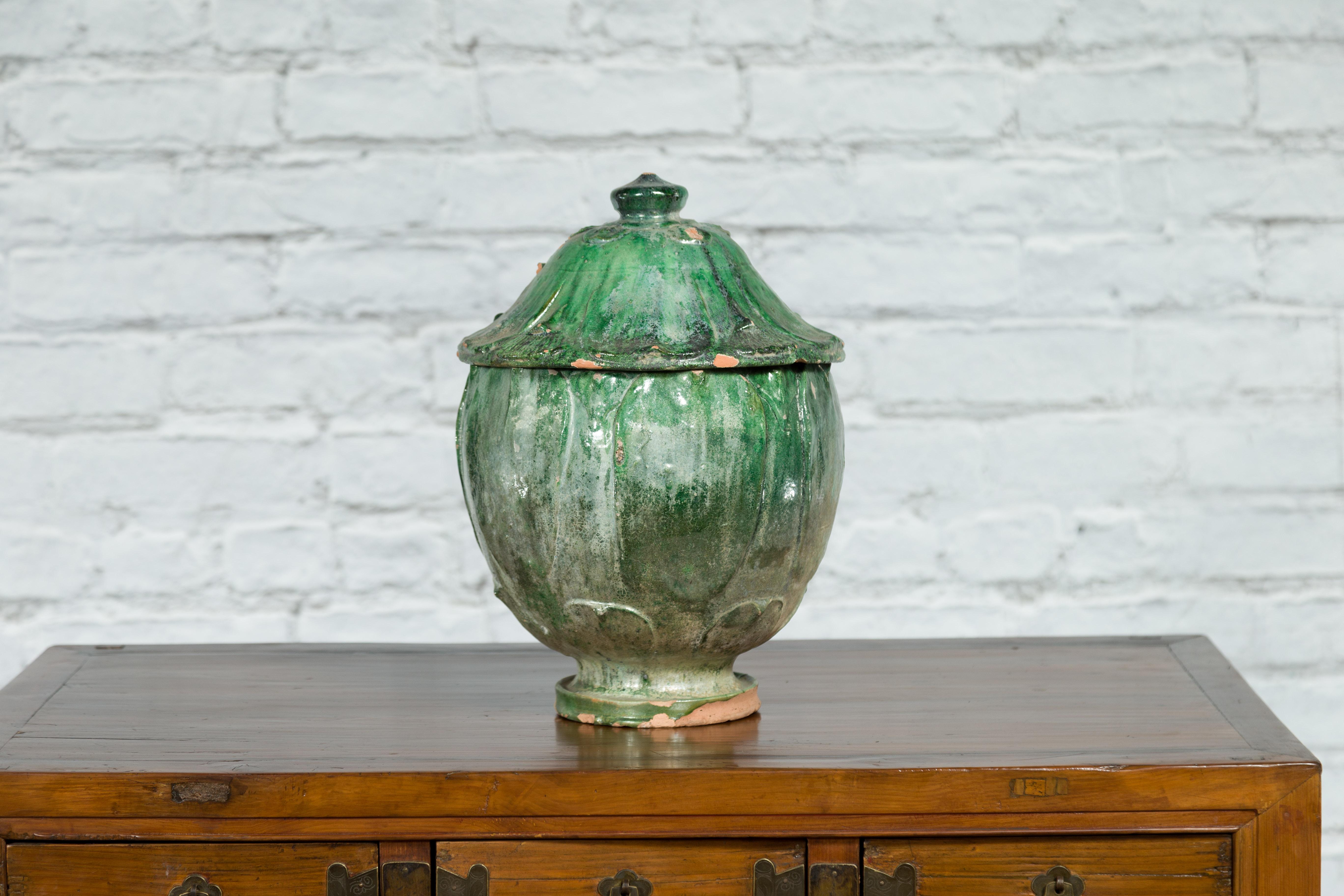 Chinese 18th Century Qing Dynasty Green Glazed Terracotta Lotus Shaped Jar 7