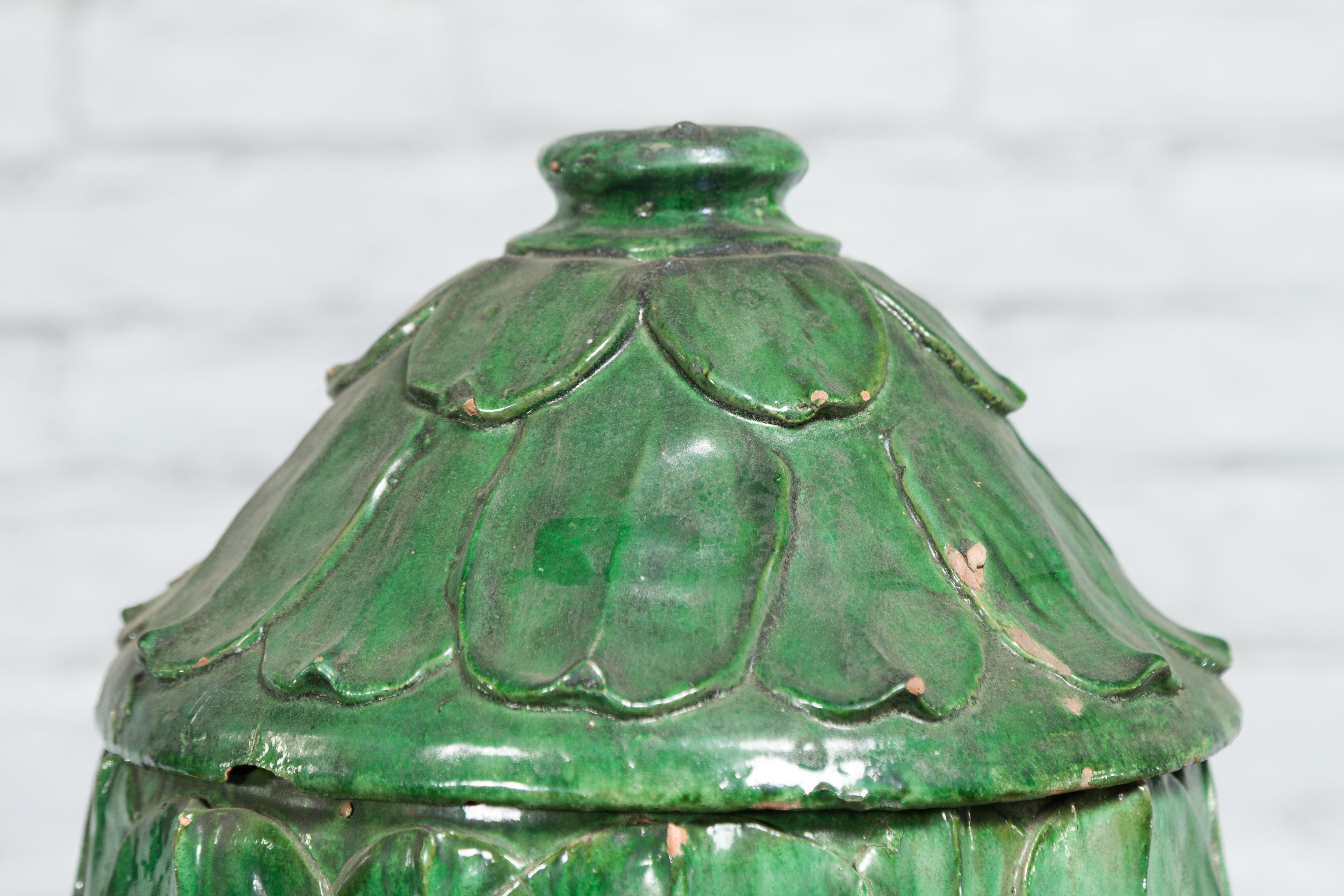 14th Century Yuan Dynasty leaf-green glazed lotus burial jar For Sale 4