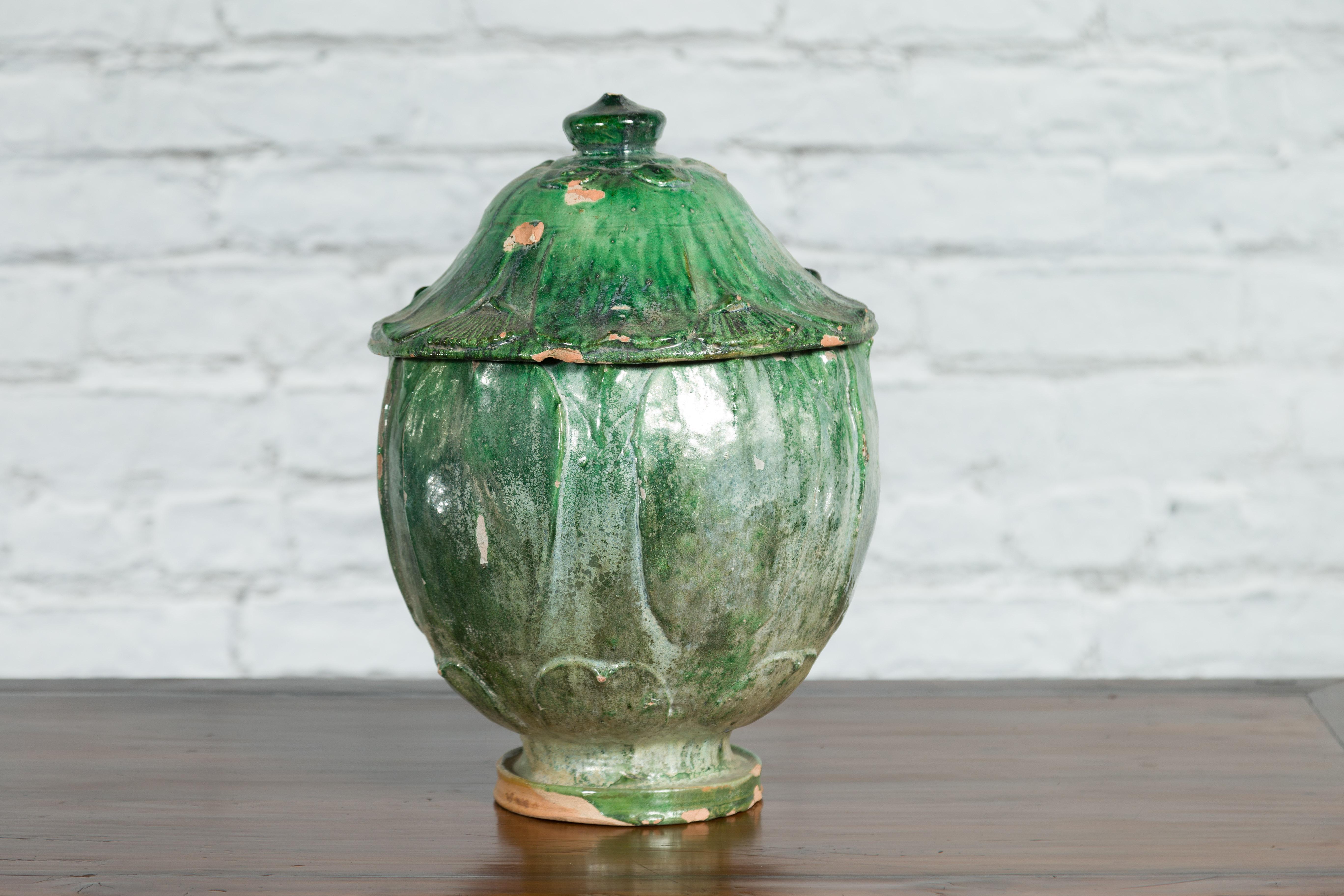 Chinese 18th Century Qing Dynasty Green Glazed Terracotta Lotus Shaped Jar 8
