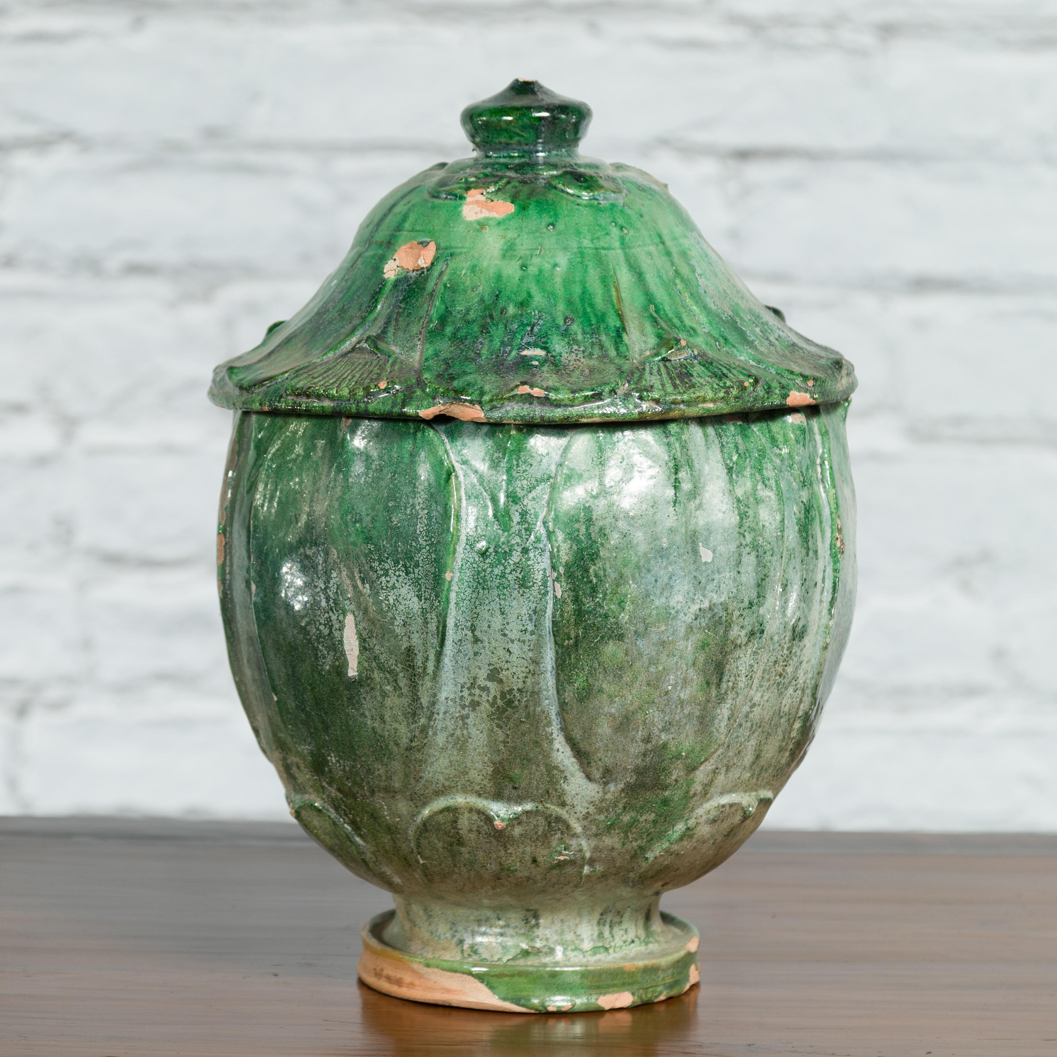 Chinese 18th Century Qing Dynasty Green Glazed Terracotta Lotus Shaped Jar 9