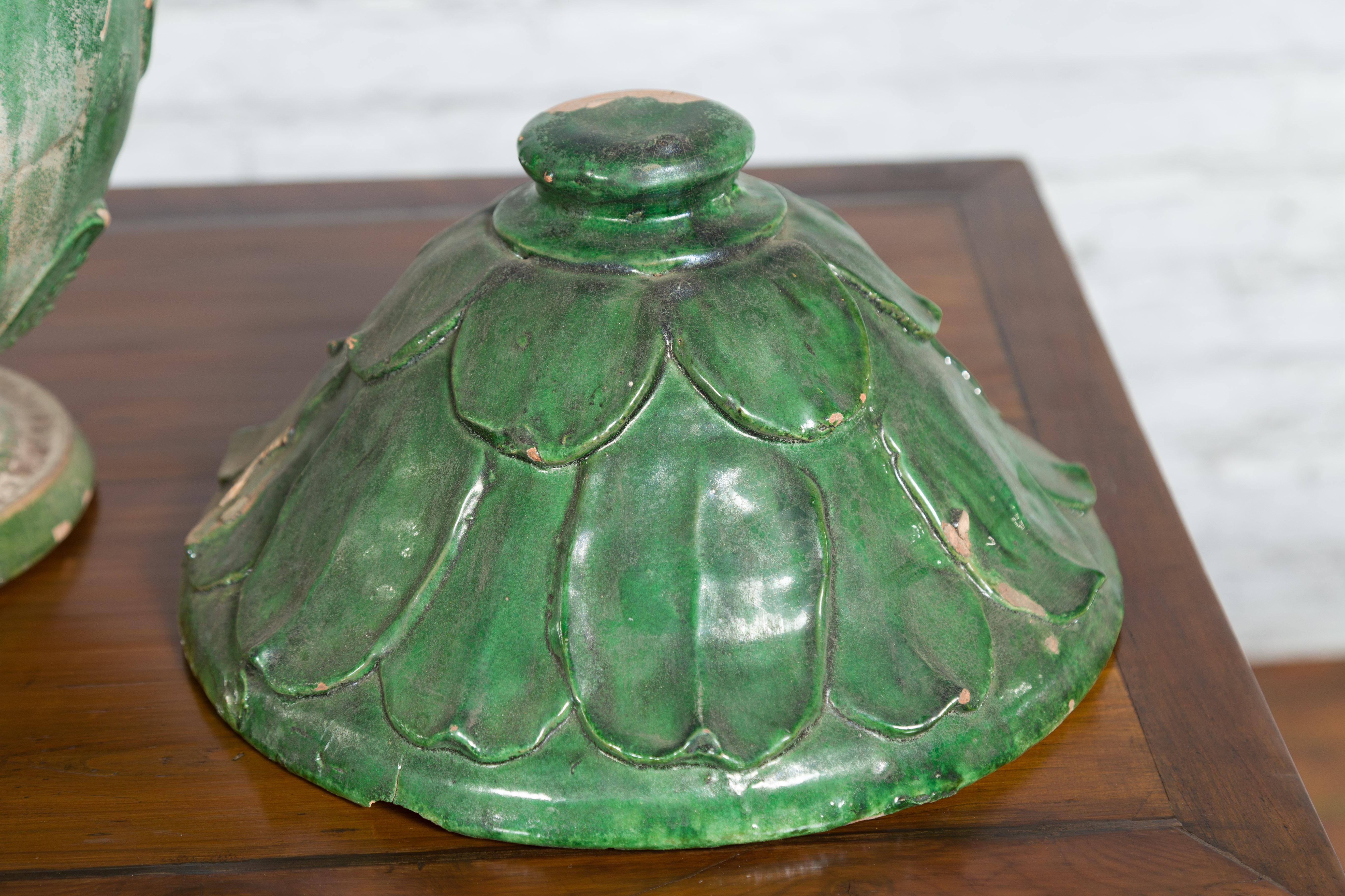 14th Century Yuan Dynasty leaf-green glazed lotus burial jar For Sale 6