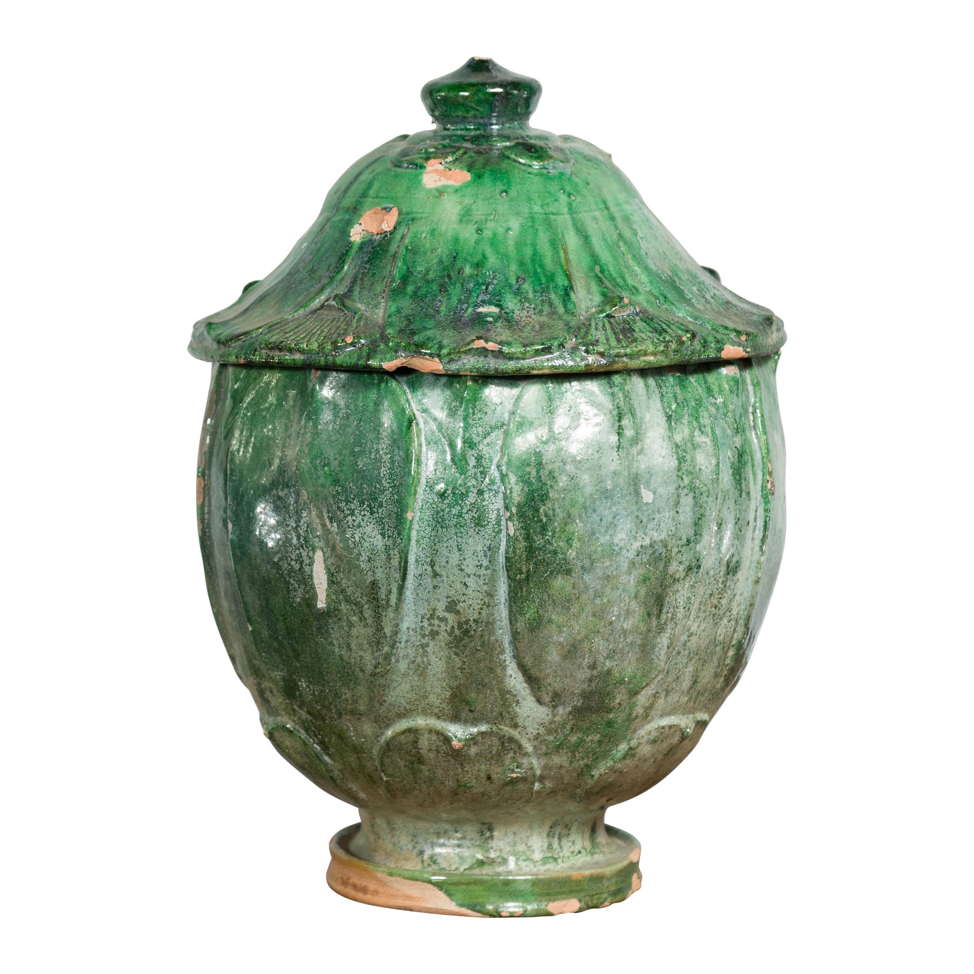 Chinese 18th Century Qing Dynasty Green Glazed Terracotta Lotus Shaped Jar 10