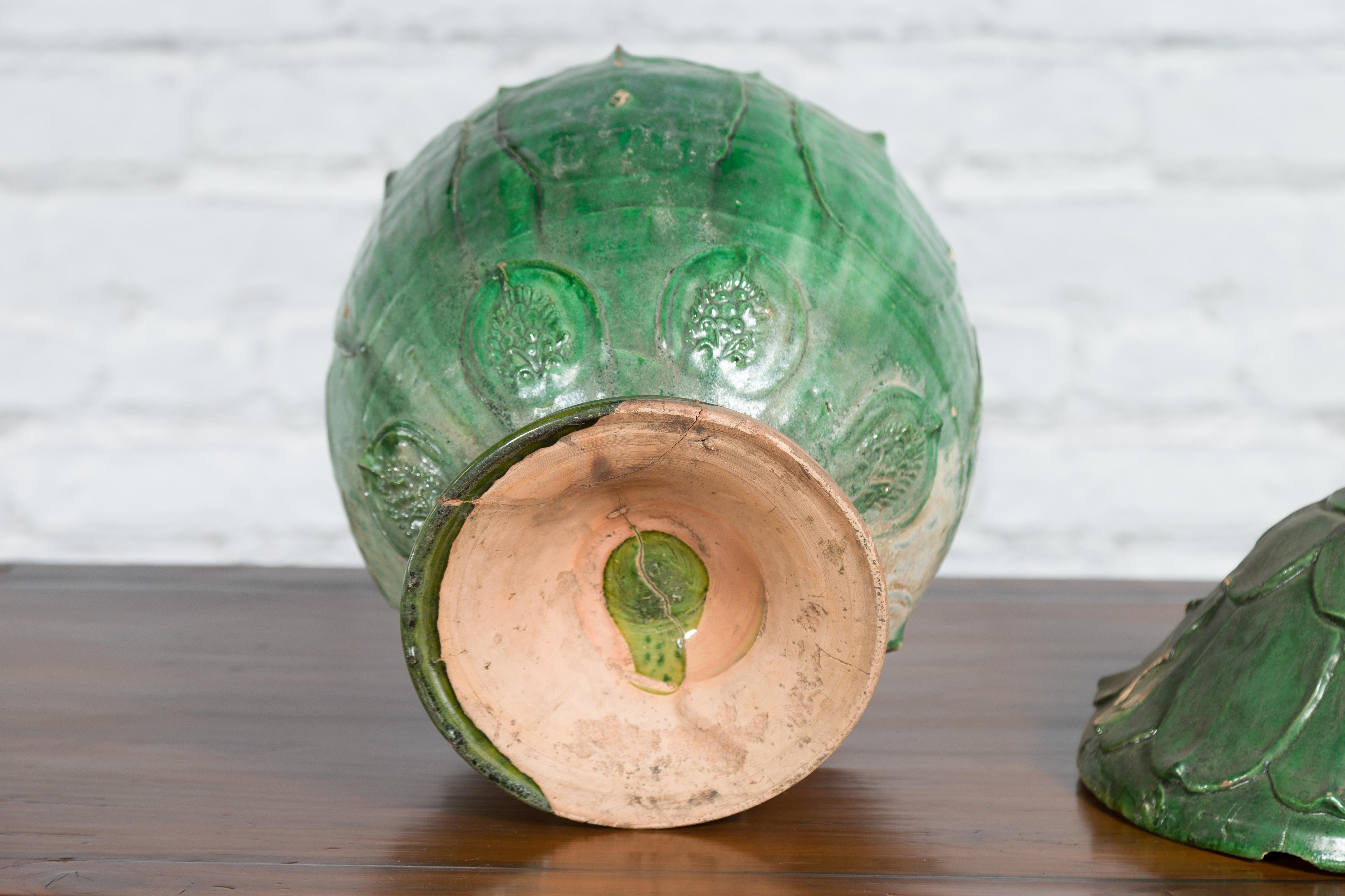 14th Century Yuan Dynasty leaf-green glazed lotus burial jar For Sale 8