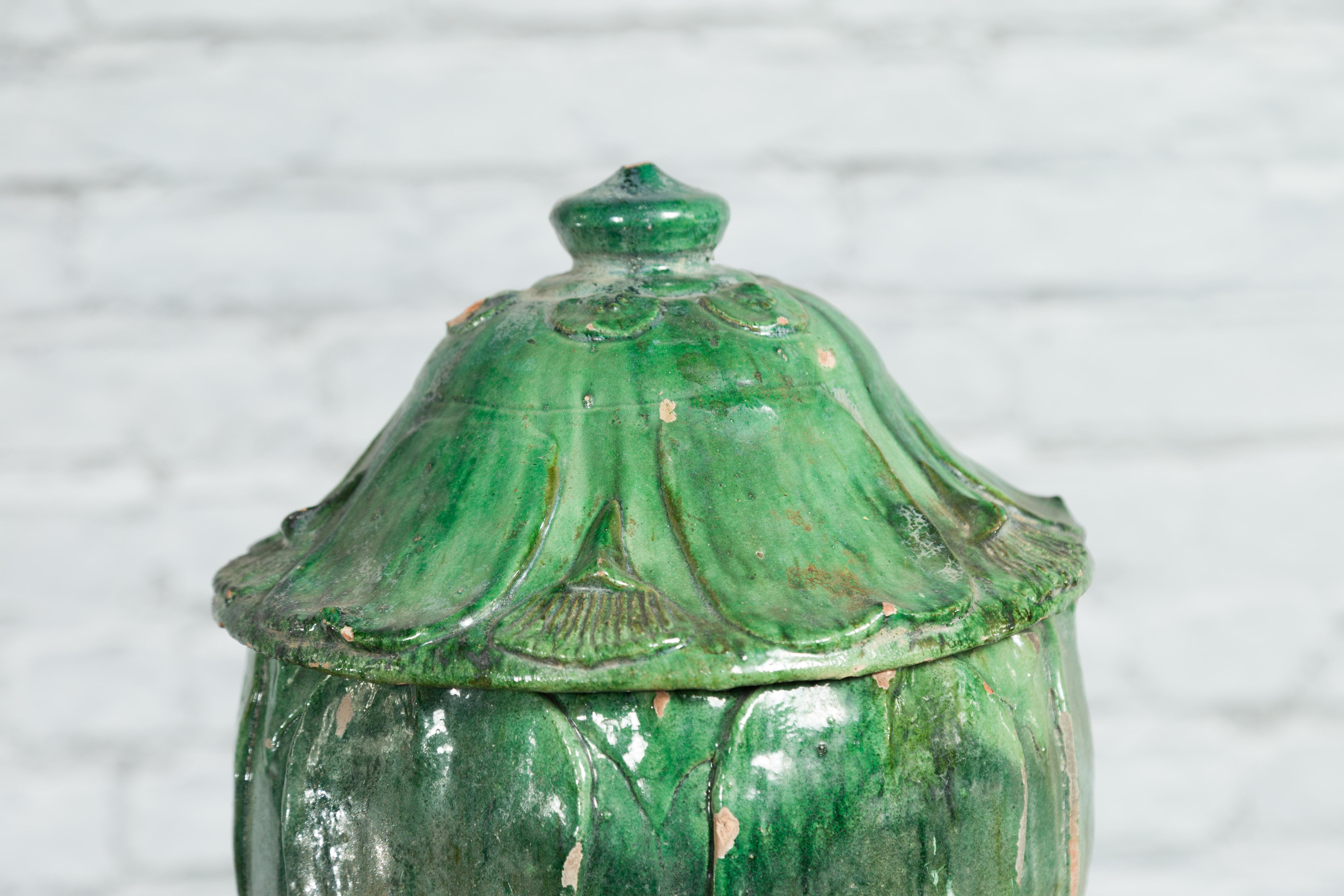 18th Century and Earlier Chinese 18th Century Qing Dynasty Green Glazed Terracotta Lotus Shaped Jar