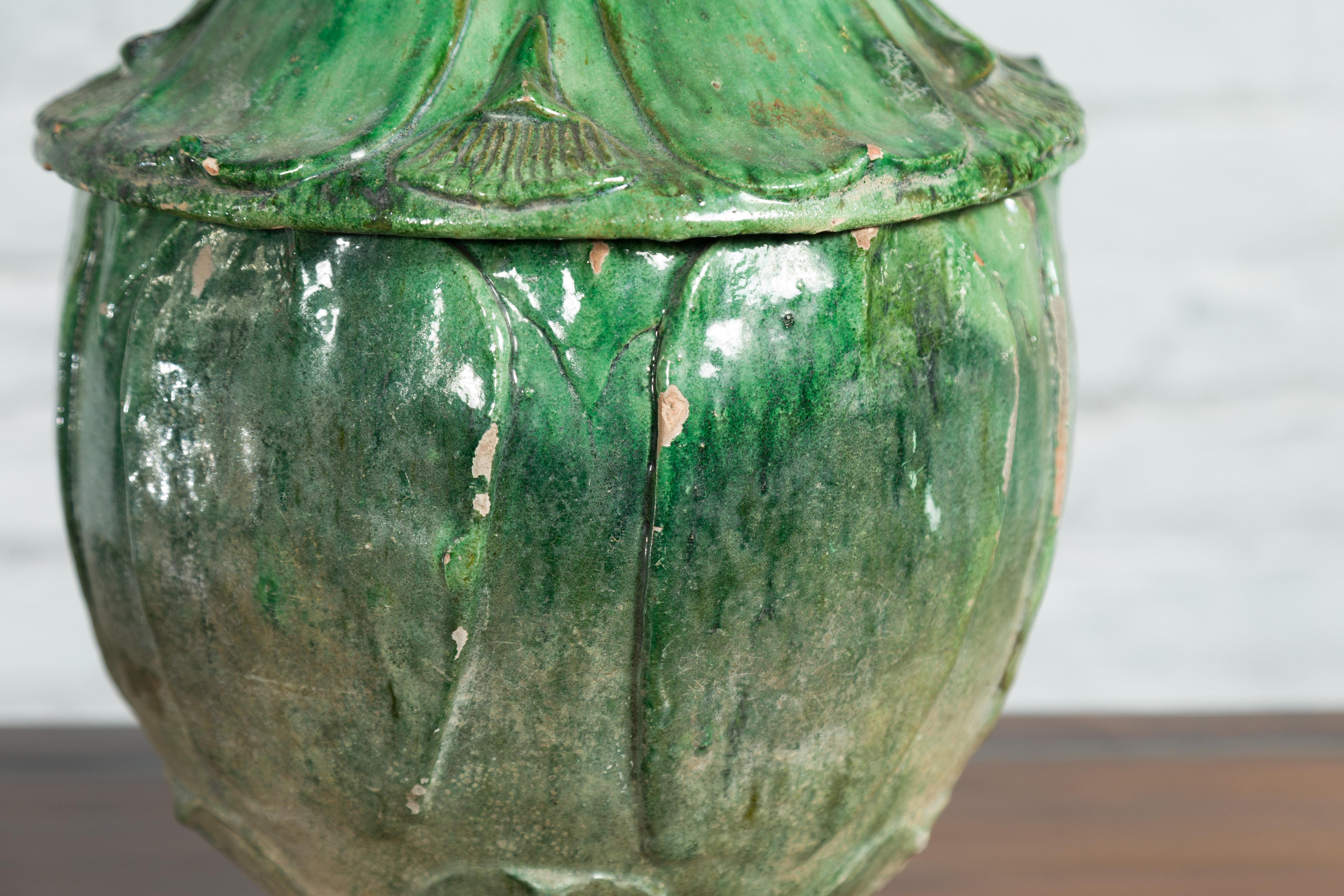 Chinese 18th Century Qing Dynasty Green Glazed Terracotta Lotus Shaped Jar 1