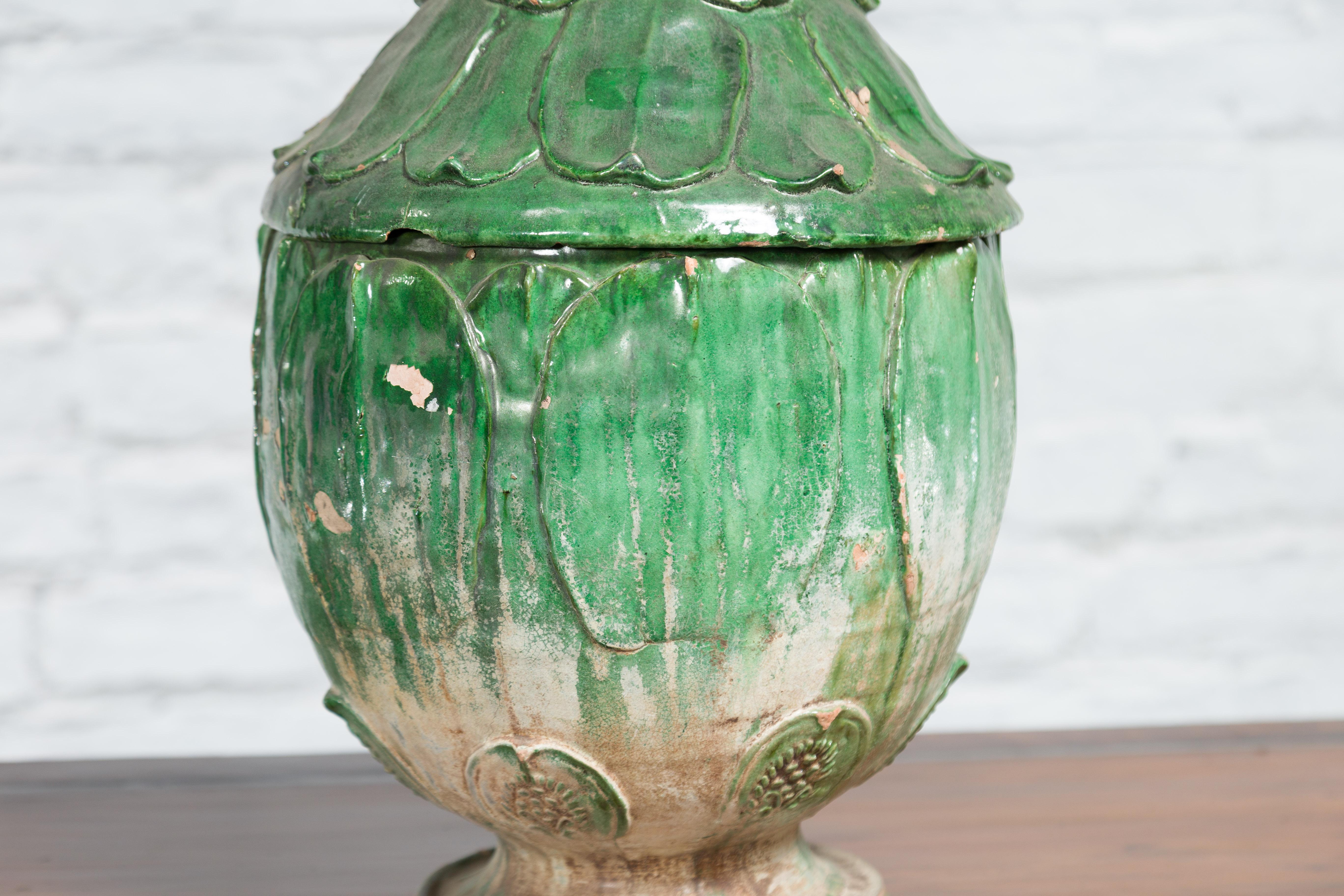 Chinese 14th Century Yuan Dynasty leaf-green glazed lotus burial jar For Sale