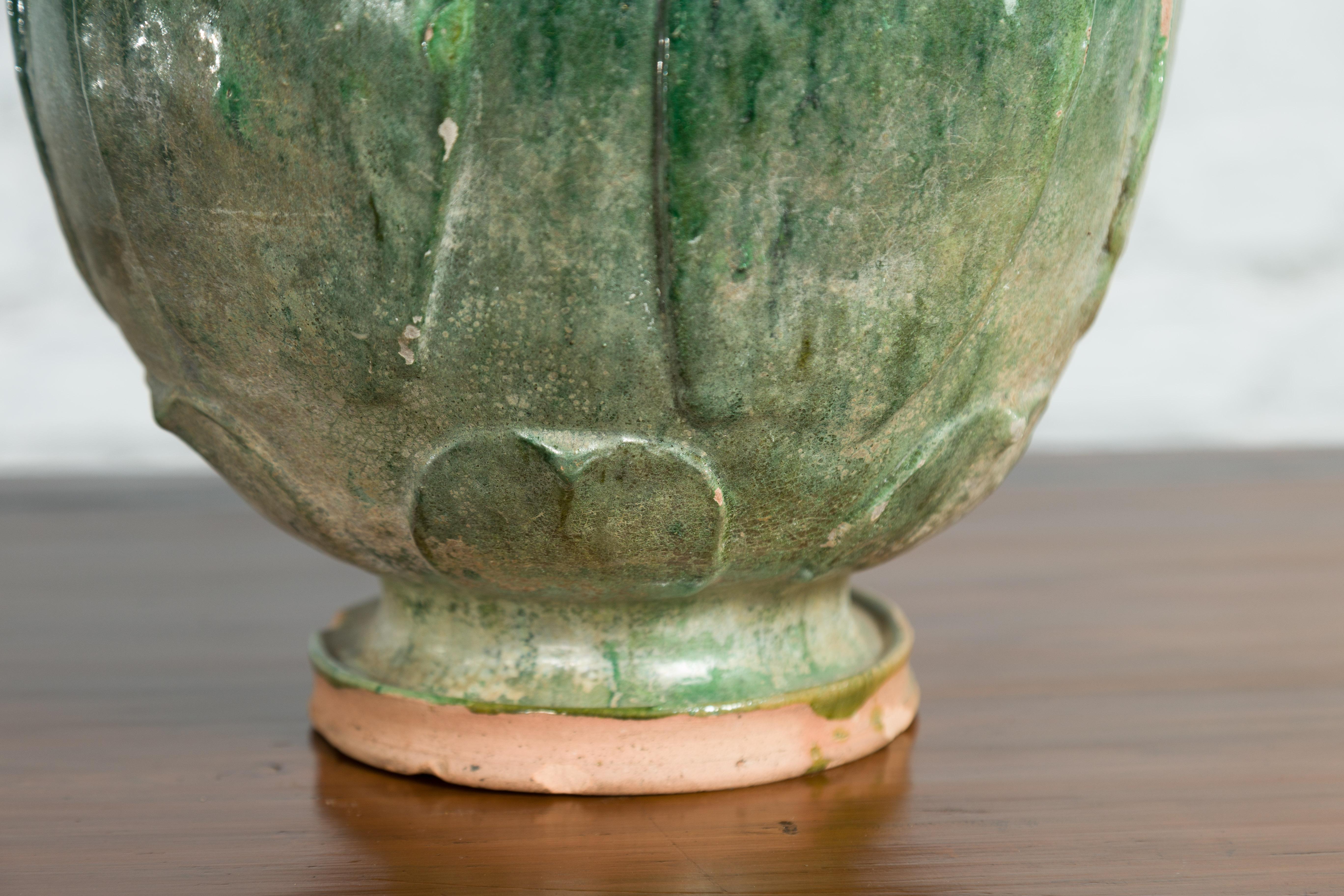 Chinese 18th Century Qing Dynasty Green Glazed Terracotta Lotus Shaped Jar 2