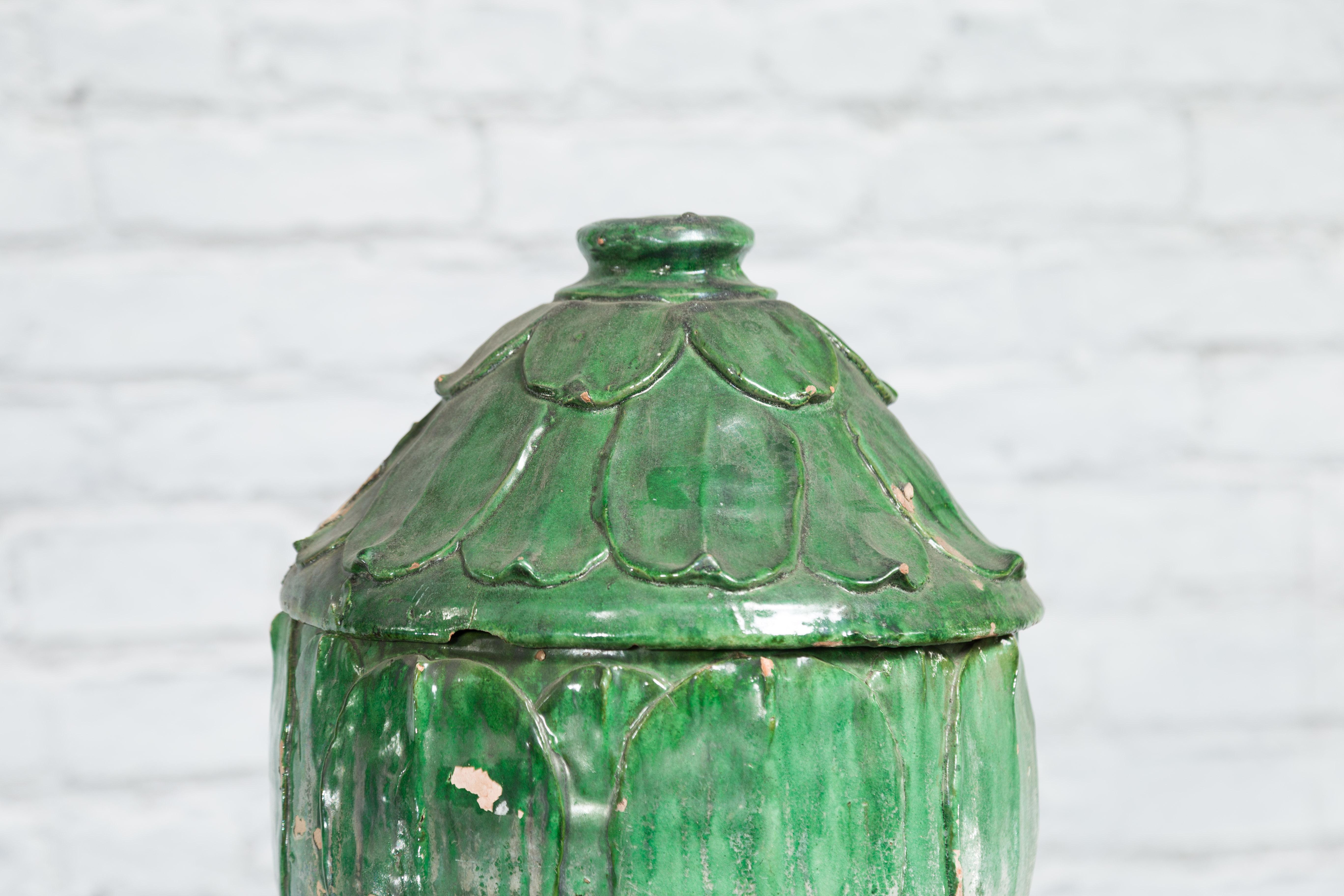 Glazed 14th Century Yuan Dynasty leaf-green glazed lotus burial jar For Sale