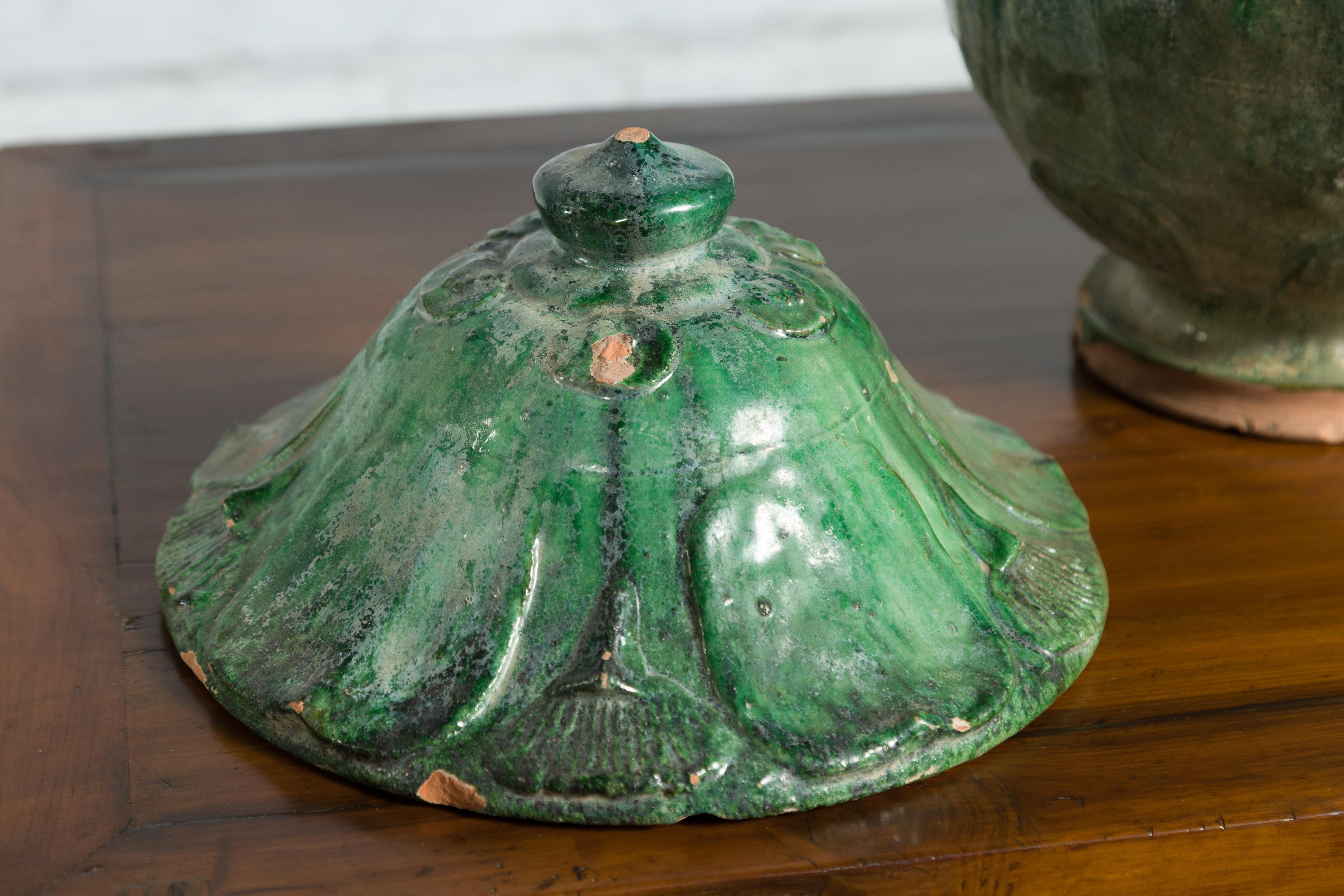 Chinese 18th Century Qing Dynasty Green Glazed Terracotta Lotus Shaped Jar 3