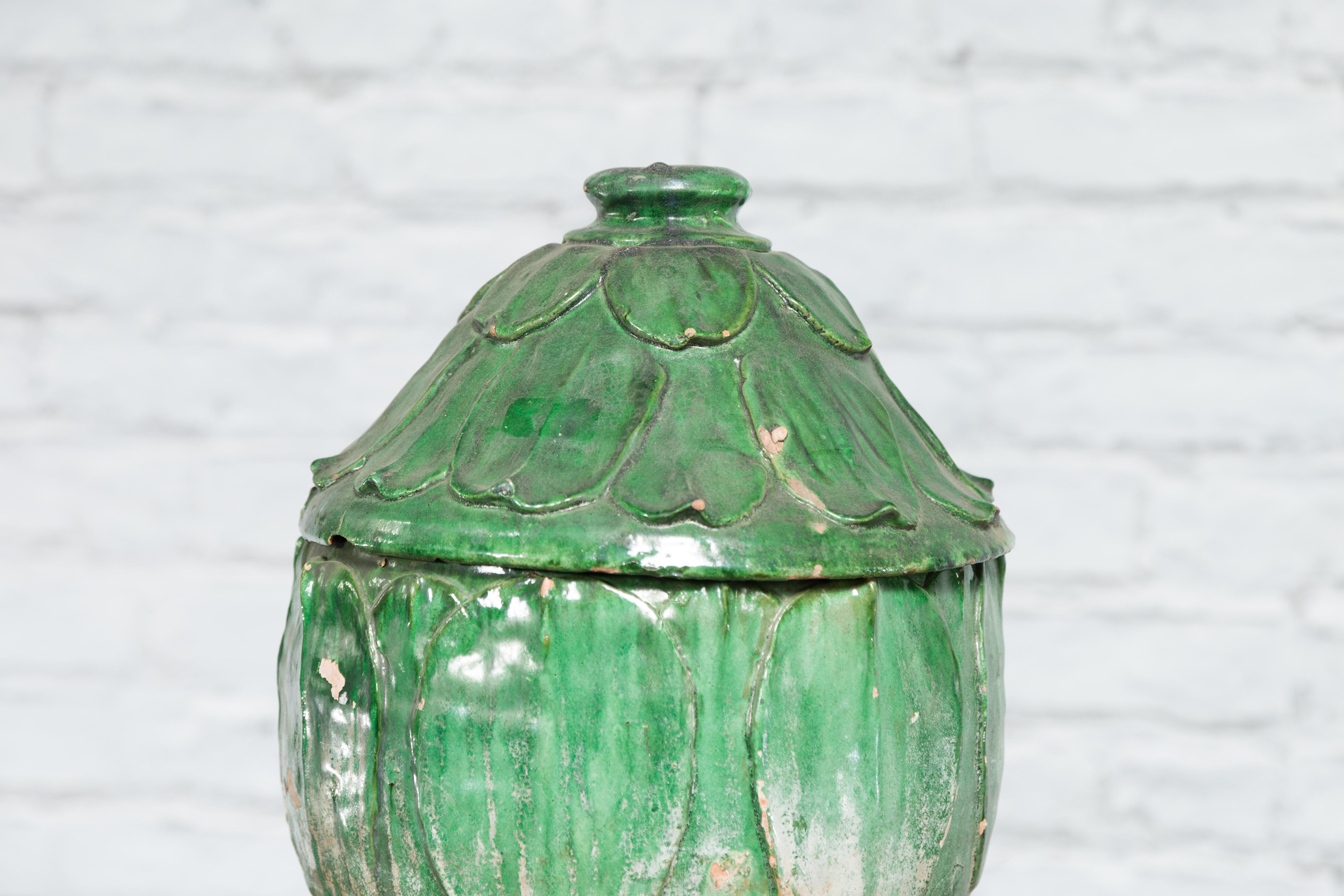 Terracotta 14th Century Yuan Dynasty leaf-green glazed lotus burial jar For Sale