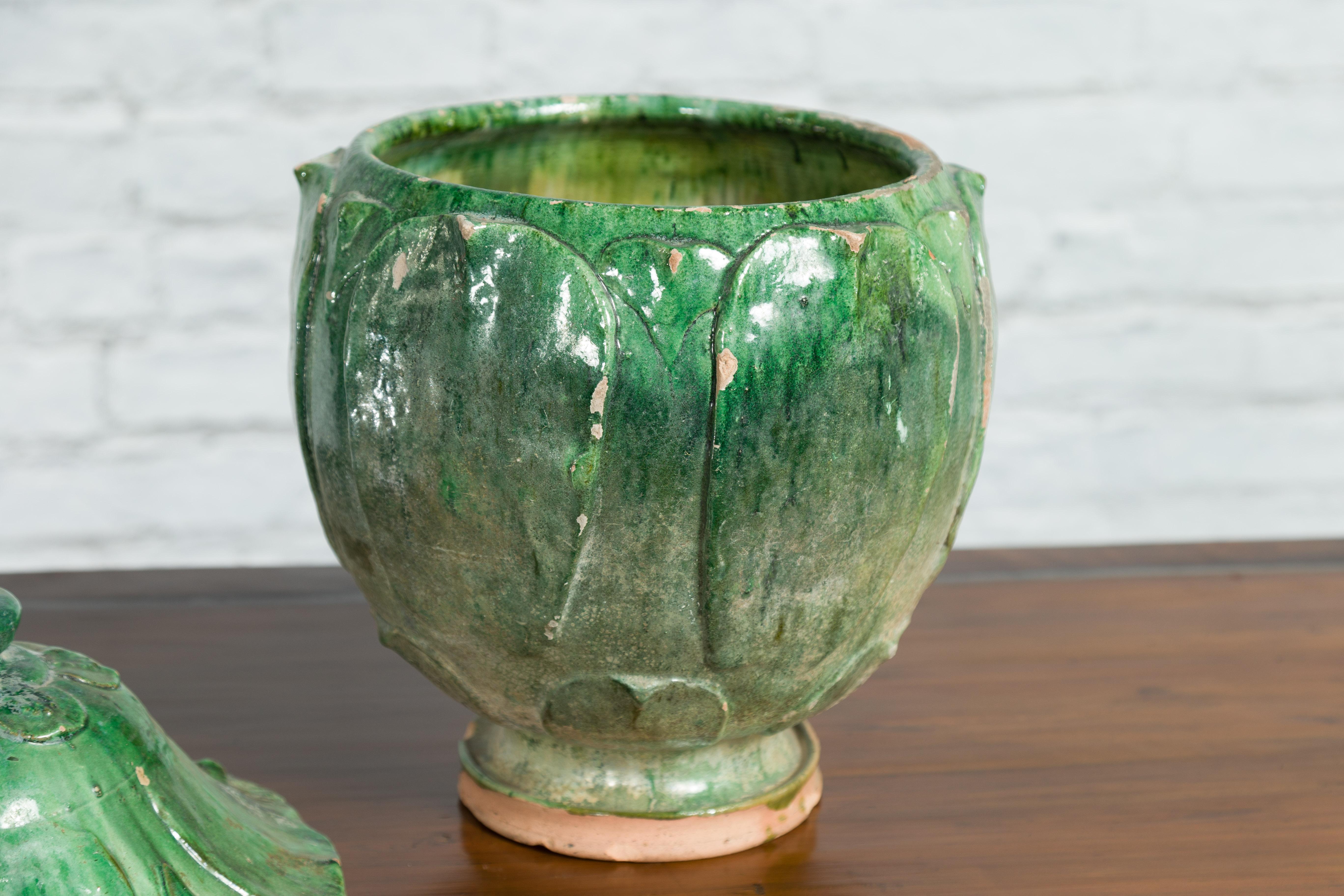 Chinese 18th Century Qing Dynasty Green Glazed Terracotta Lotus Shaped Jar 4