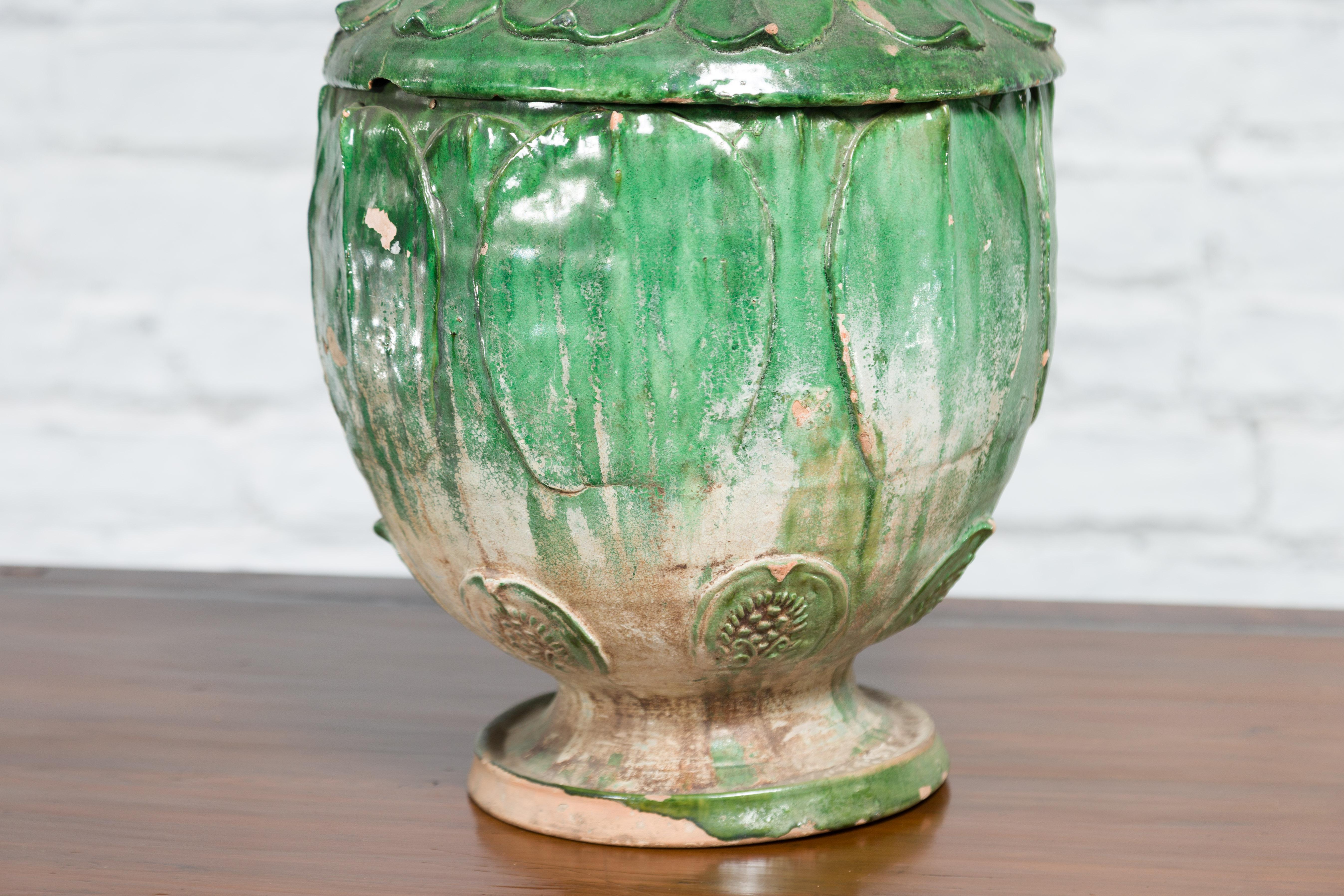 18th Century and Earlier 14th Century Yuan Dynasty leaf-green glazed lotus burial jar For Sale