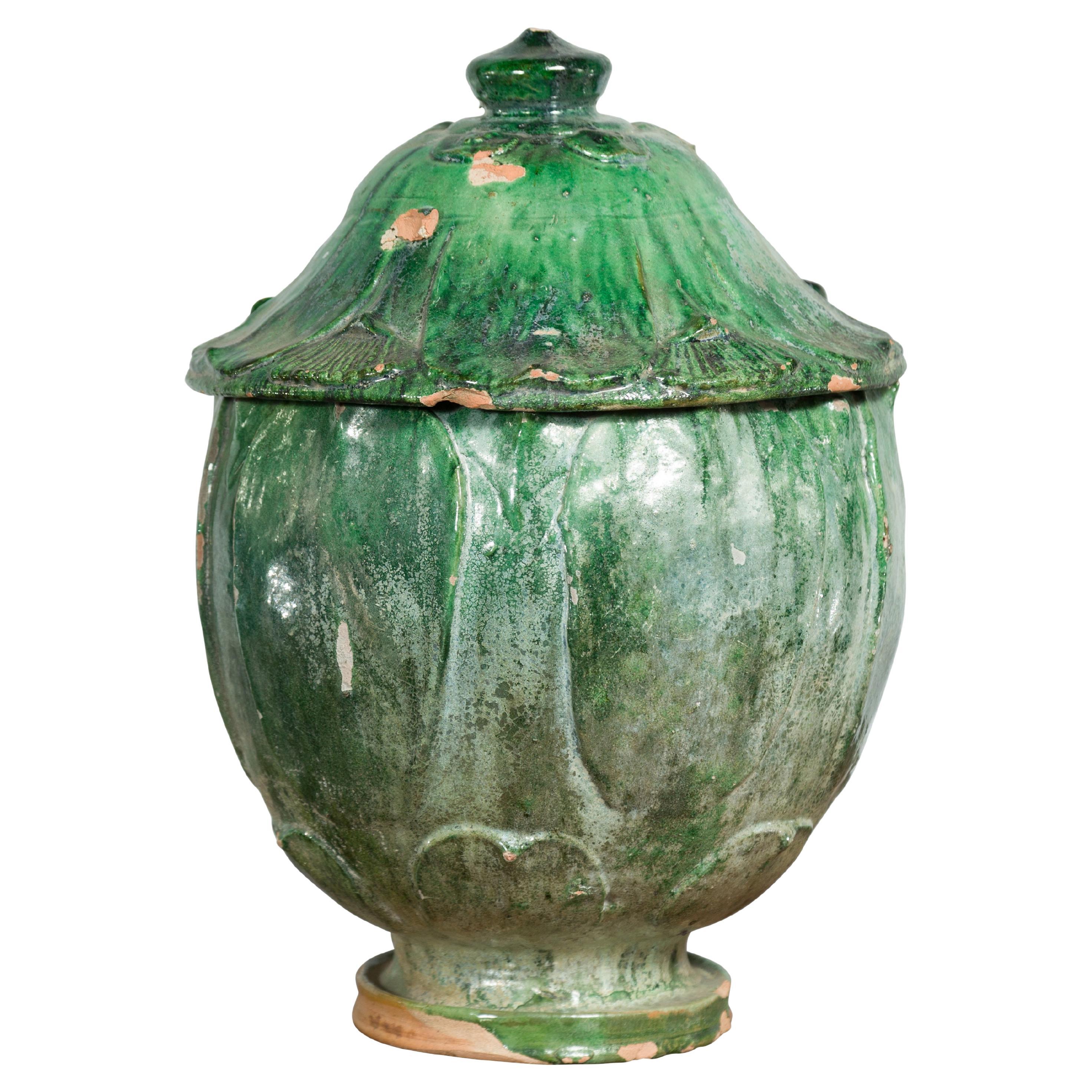 Chinese 18th Century Qing Dynasty Green Glazed Terracotta Lotus Shaped Jar