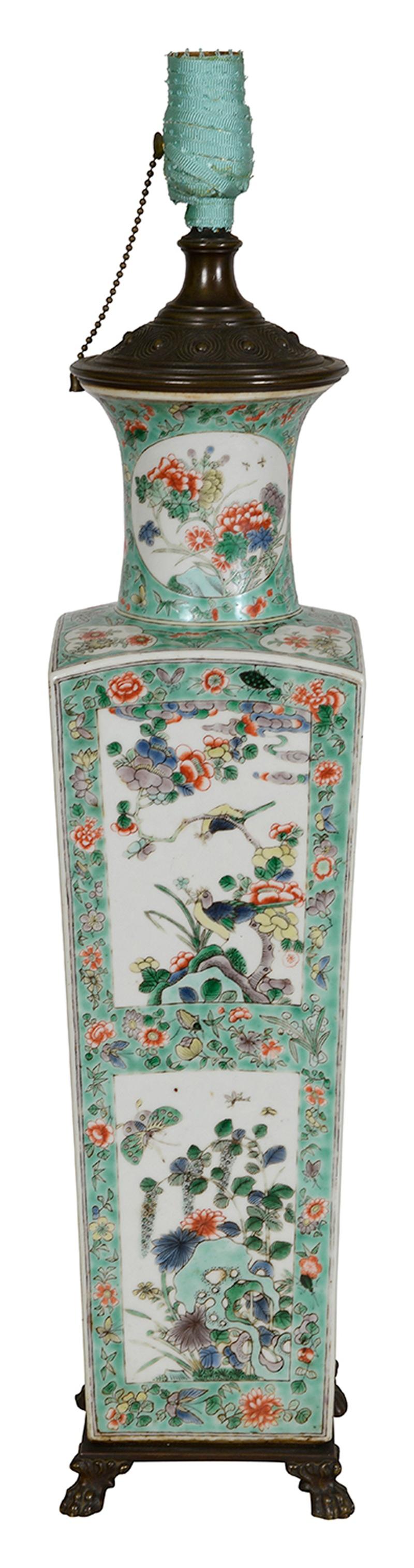 Porcelain Chinese 18th Century style Famille Verte vase / lamp. For Sale