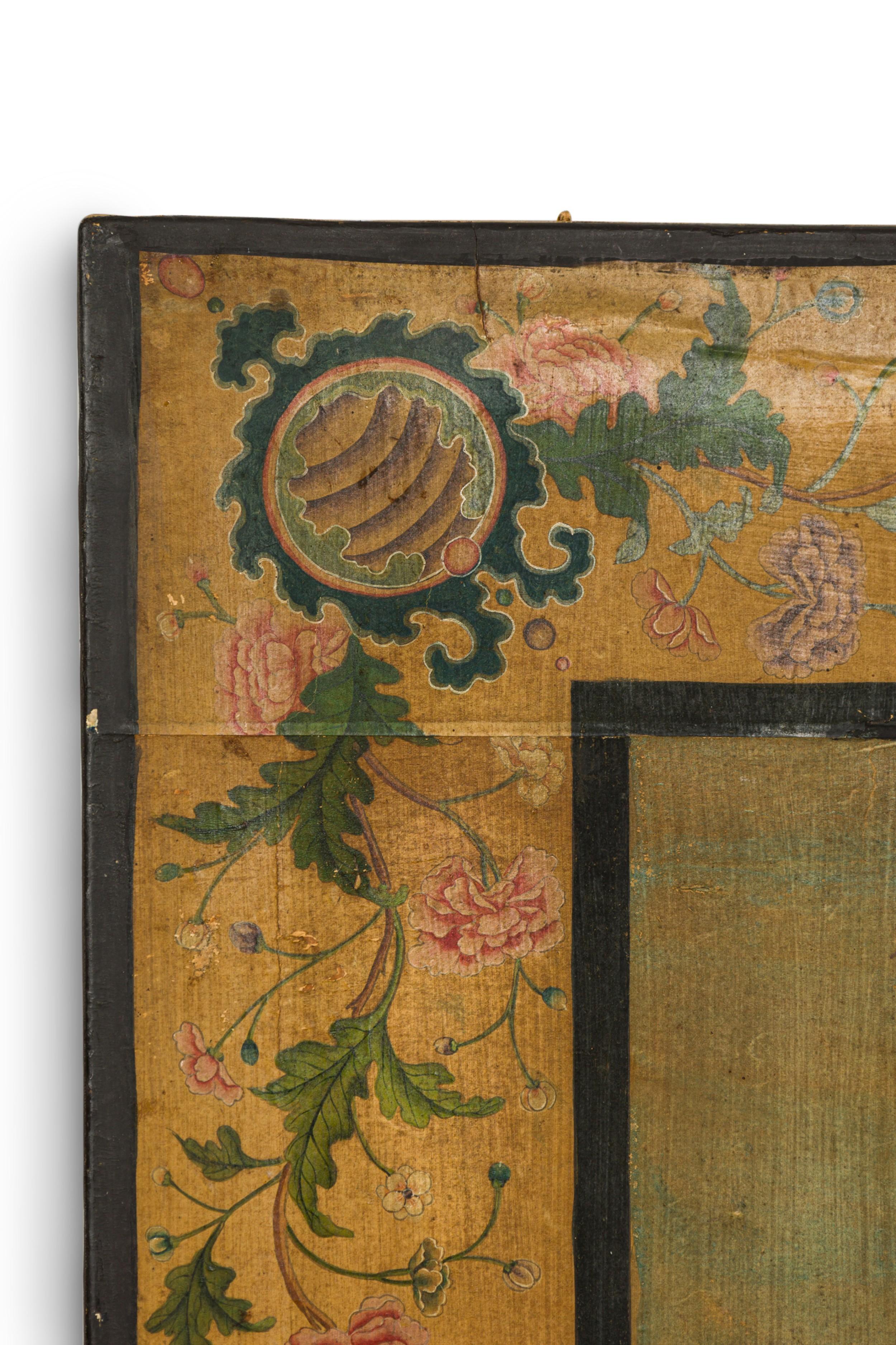 Asian Chinese (18th Century) 6 panel screen of painted landscape scene with figures and buildings having a floral border in a black wood frame (2-3 panel sections)

Condition:  (Some cracking, wear, and tears. Screen is separated into 2 parts. Each