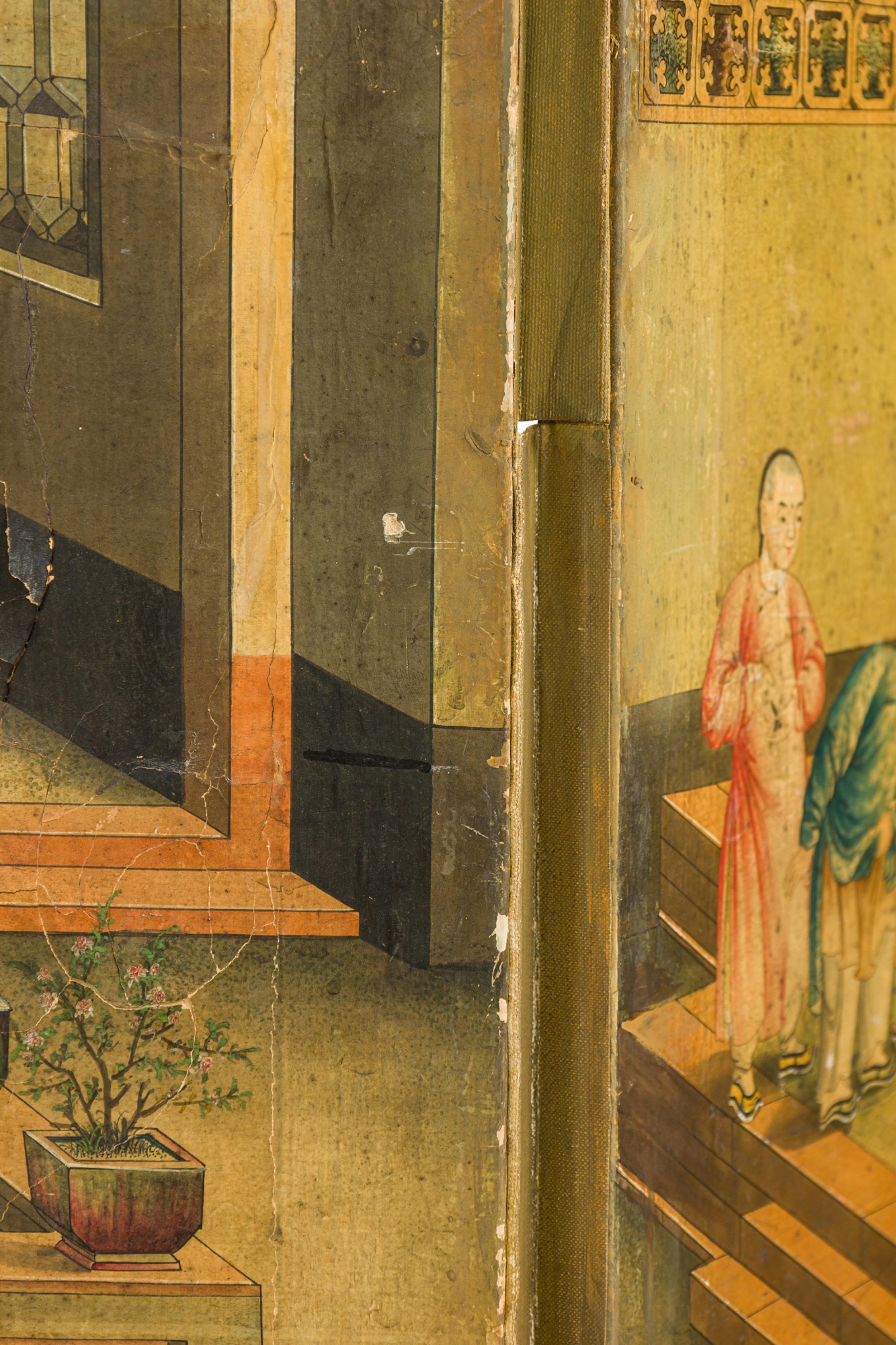 Chinese 18th Century Style Hand Painted 6-Panel Screen of a Court Genre Scene In Good Condition In Queens, NY
