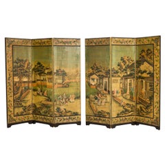 Chinese 18th Century Style Hand Painted 6-Panel Screen of a Court Genre Scene