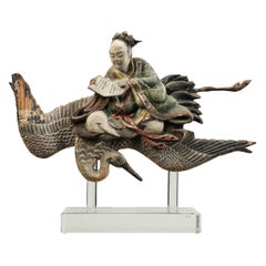 Chinese 19 Century Wood Carving Ancestor Flying on Crane Mounted Plexi Stand