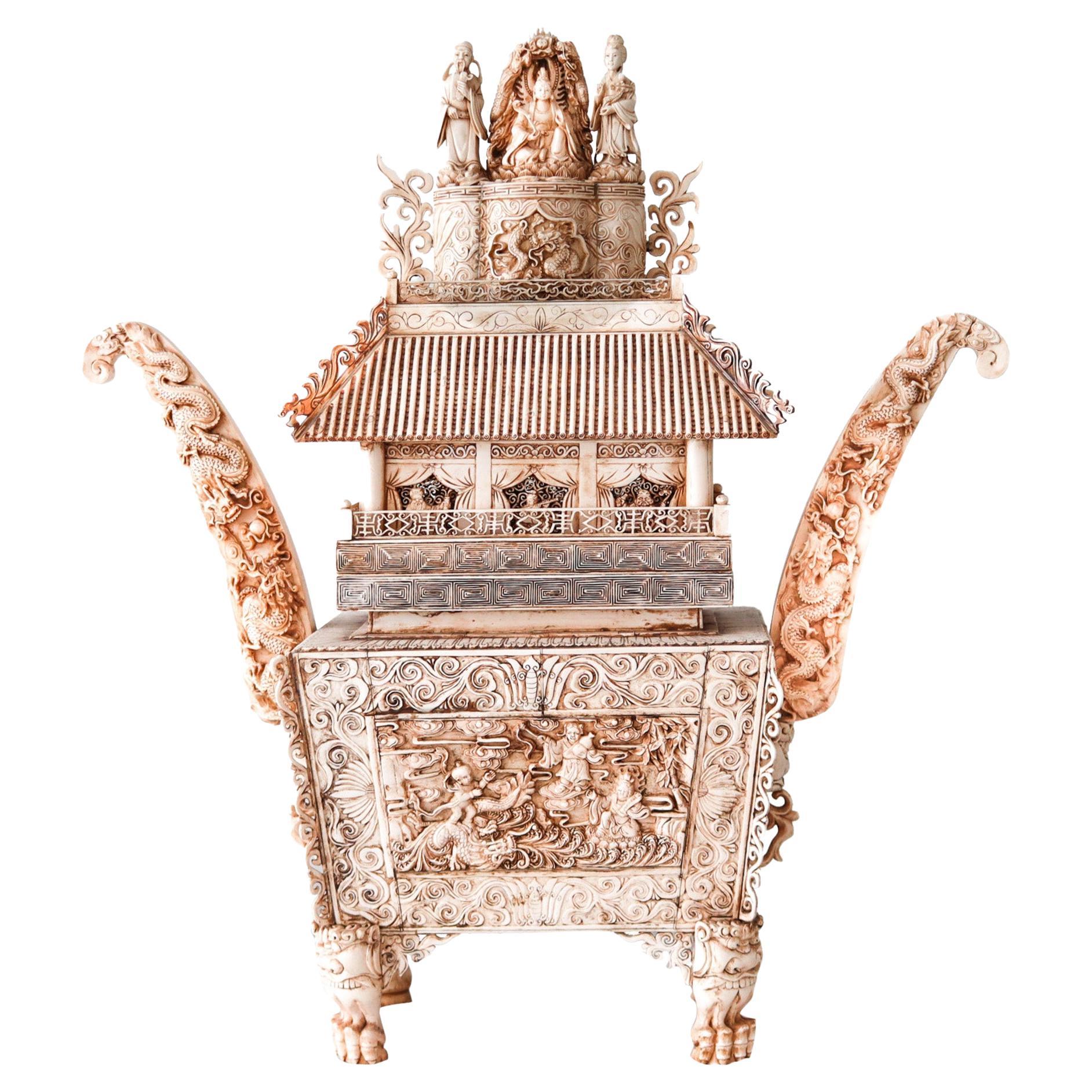 Chinoise 1900 Dynasty Qing Bodhisattva Altar Temple-Pagoda In Wood And Carvings