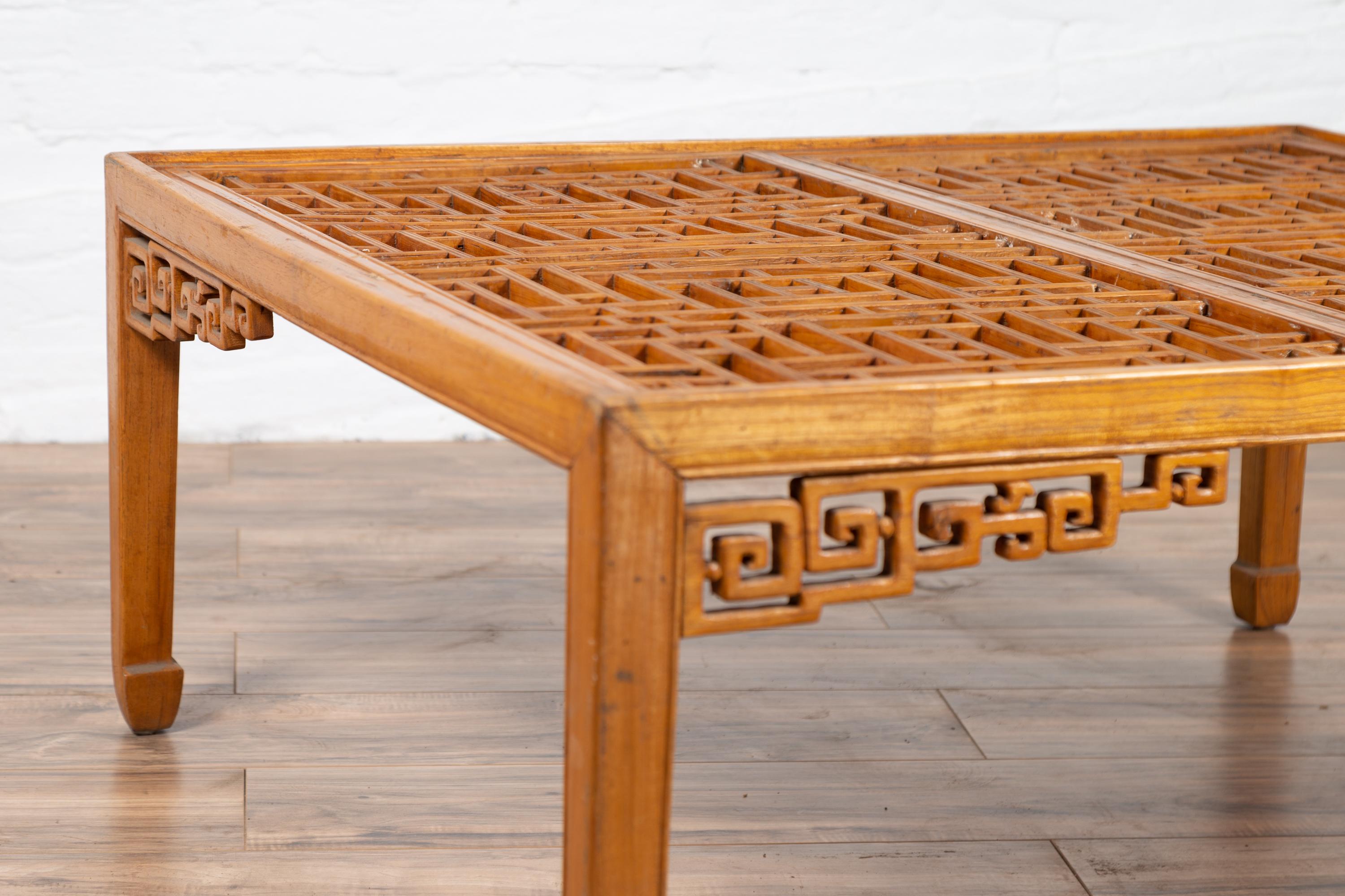 Chinese Elmwood Square Coffee Table with Open Fretwork and Horse-Hoof Legs For Sale 5