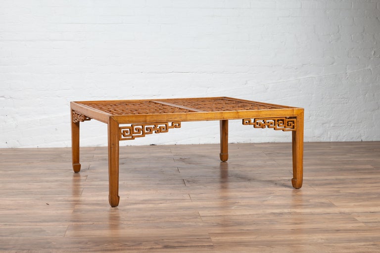 Chinese Elmwood Square Coffee Table with Open Fretwork and ...