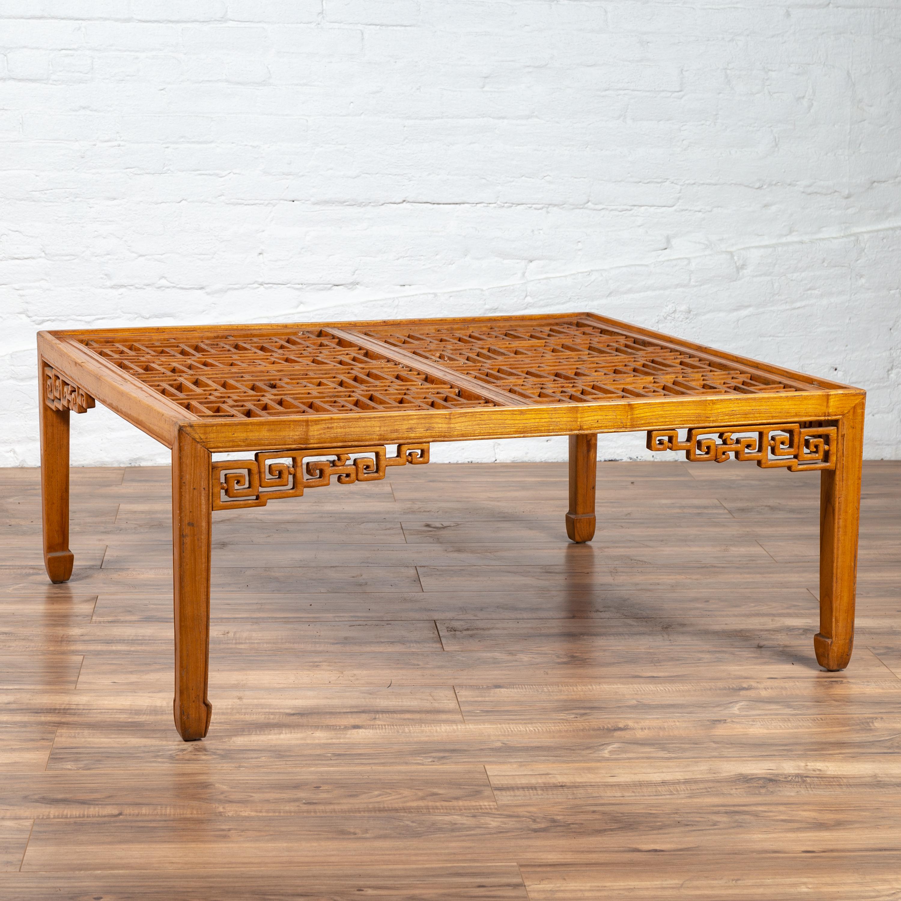 Chinese Elmwood Square Coffee Table with Open Fretwork and Horse-Hoof Legs For Sale 8