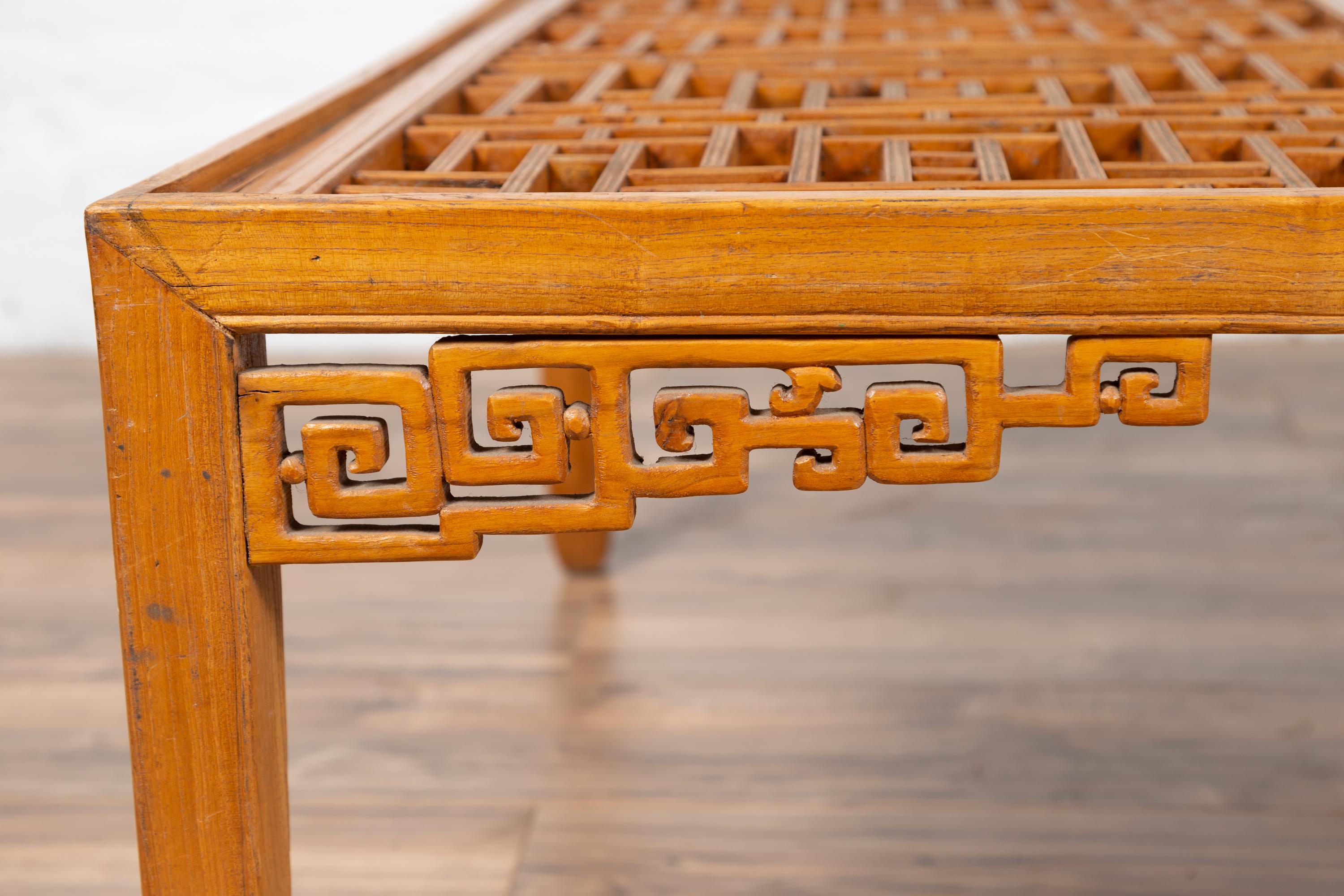 Chinese Elmwood Square Coffee Table with Open Fretwork and Horse-Hoof Legs For Sale 1