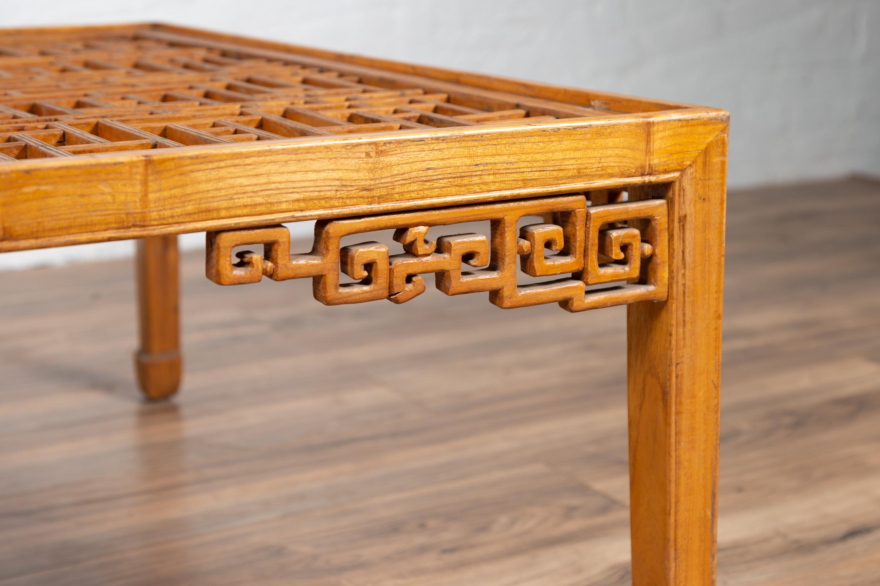 Chinese Elmwood Square Coffee Table with Open Fretwork and Horse-Hoof Legs For Sale 2