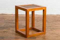 Antique End Table with Rattan Top and Box Design