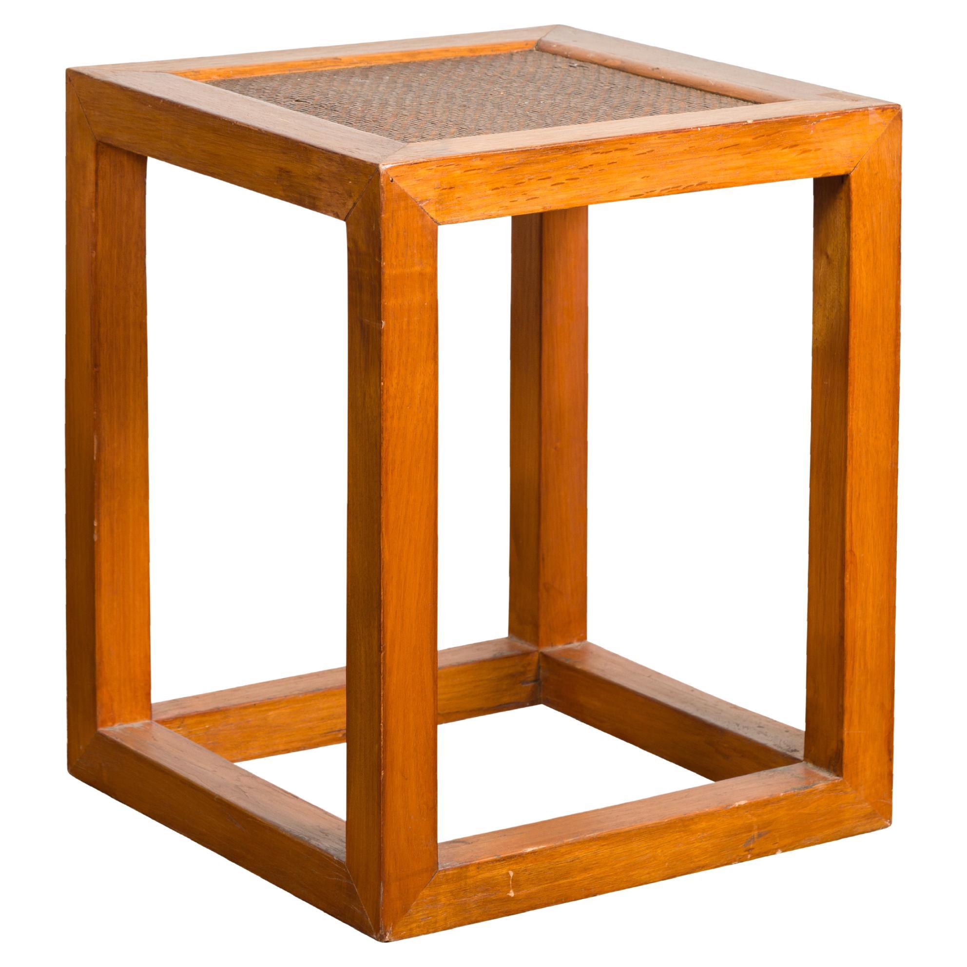 Antique End Table with Rattan Top and Box Design For Sale