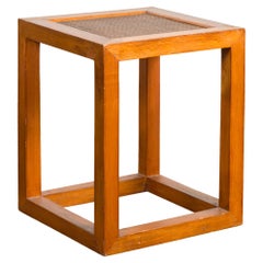 Antique End Table with Rattan Top and Box Design