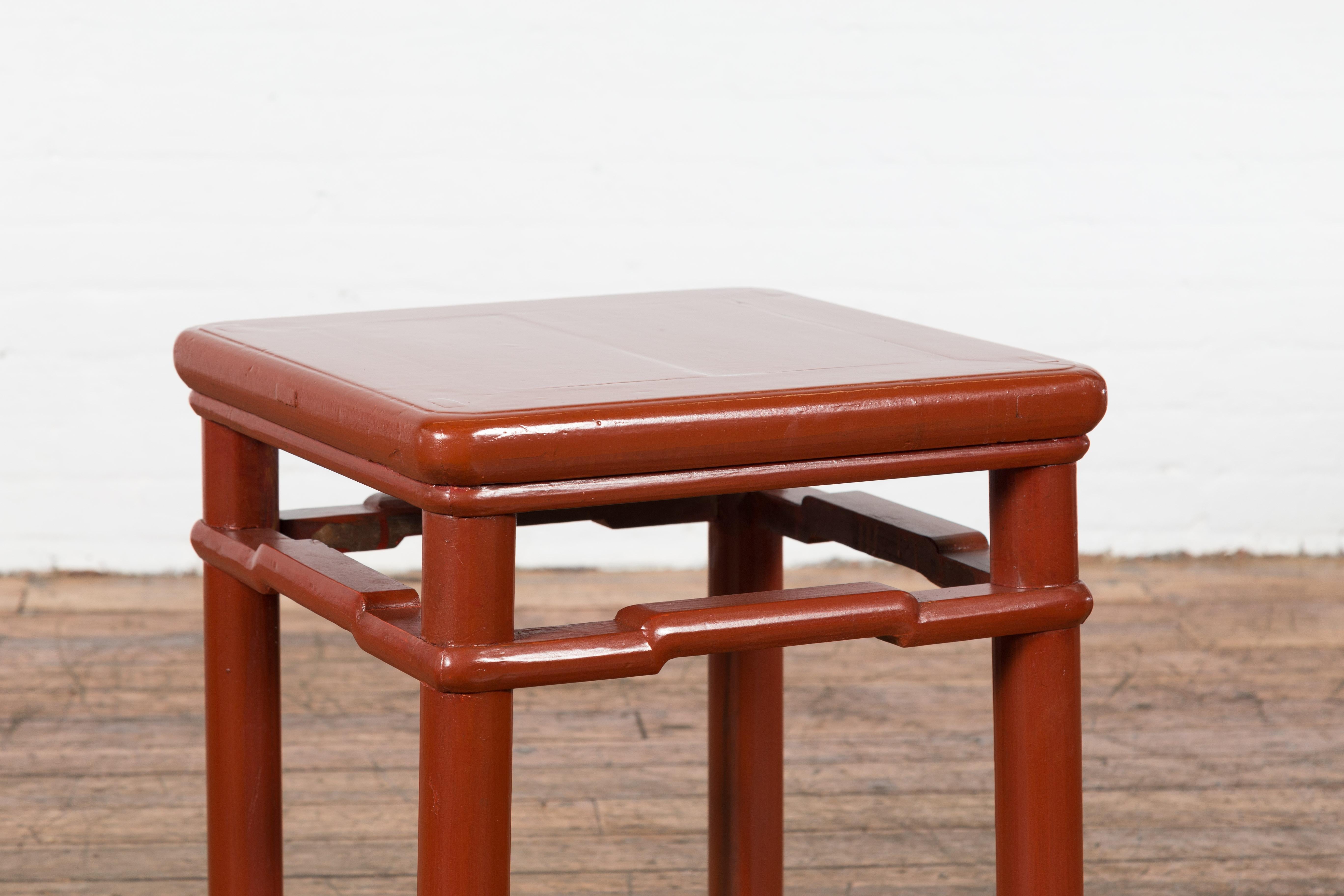 Chinese 1900s Qing Dynasty Red Lacquer Stool or Table with Humpback Stretchers For Sale 8