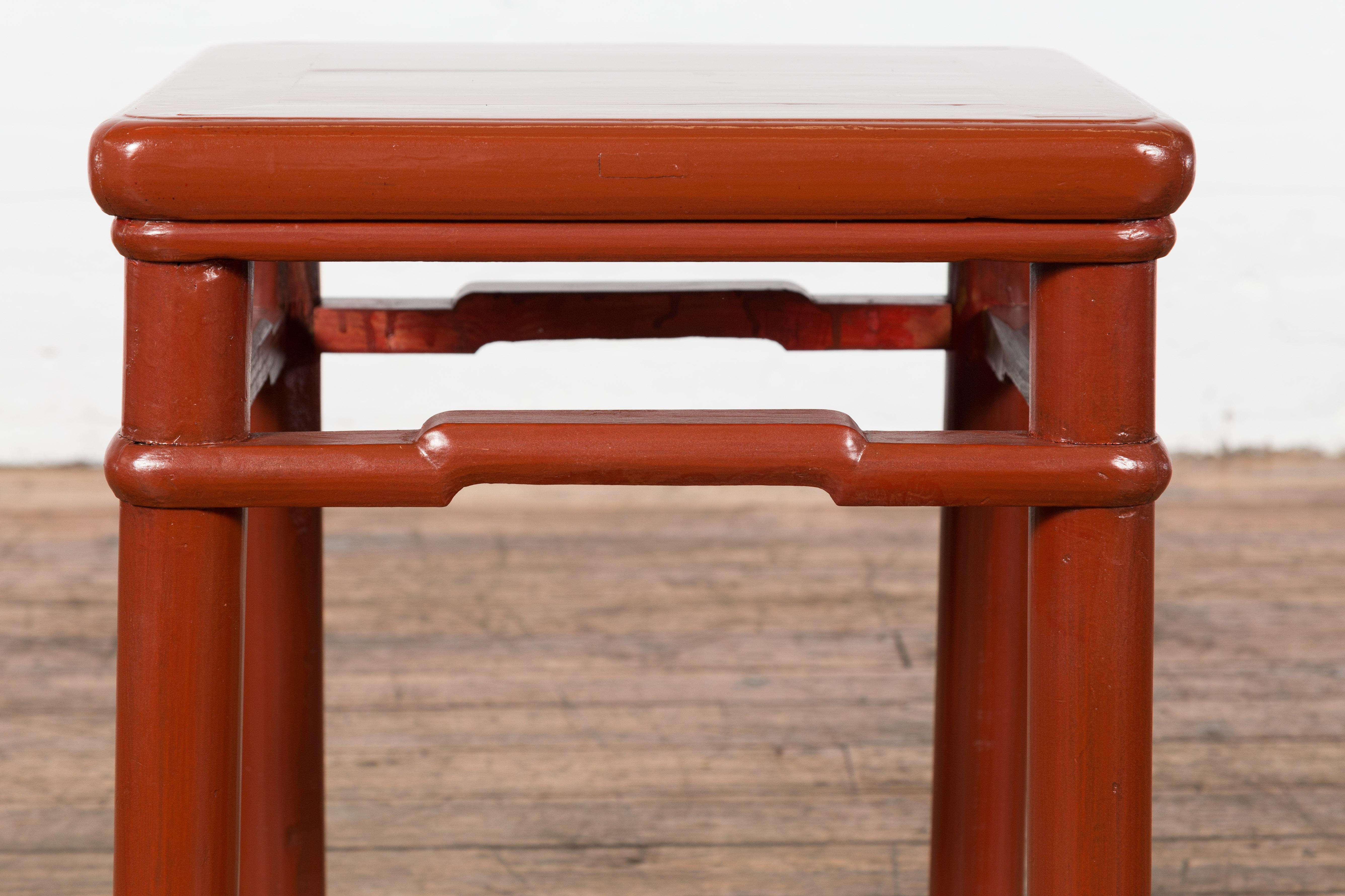 Chinese 1900s Qing Dynasty Red Lacquer Stool or Table with Humpback Stretchers For Sale 12
