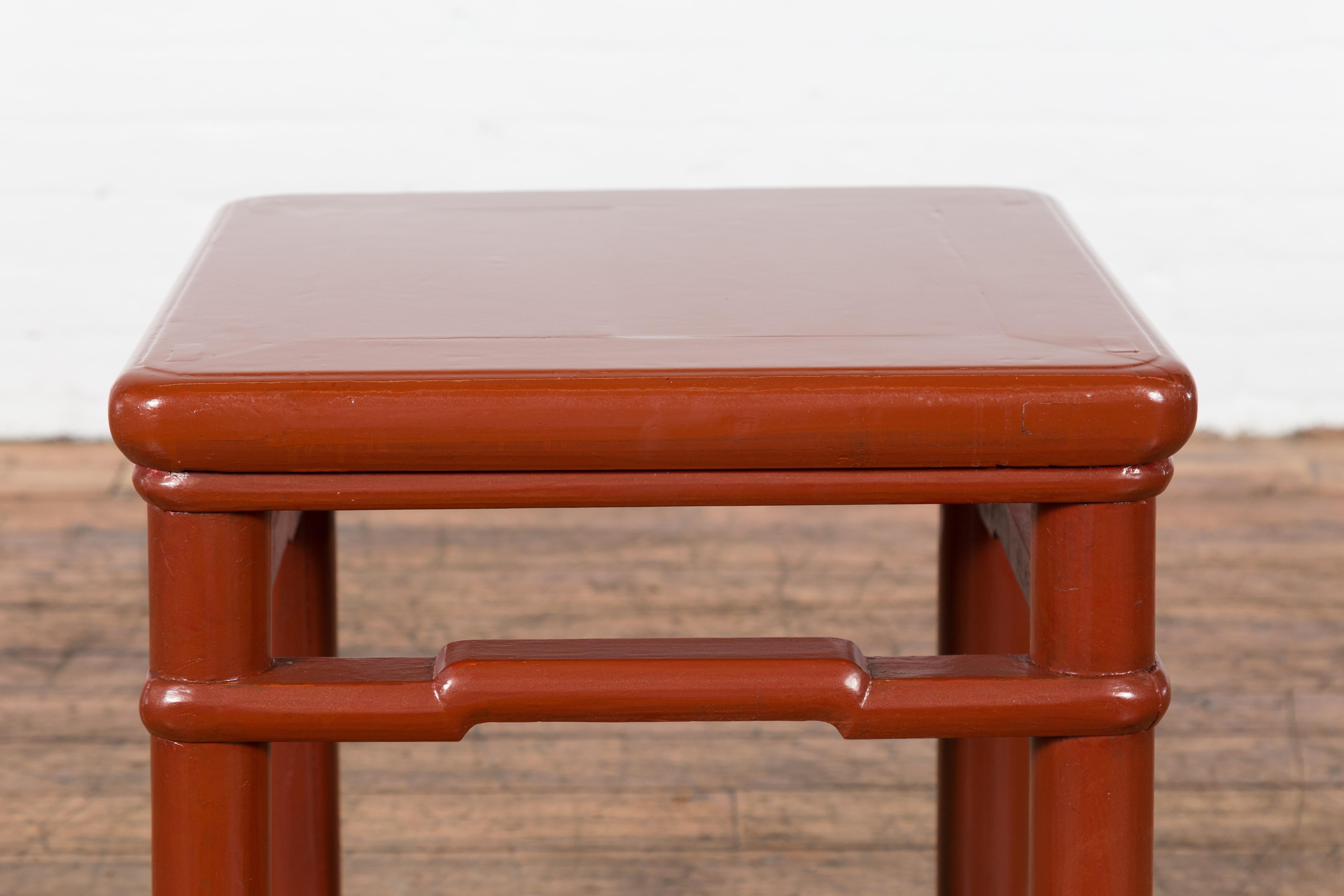 Wood Chinese 1900s Qing Dynasty Red Lacquer Stool or Table with Humpback Stretchers For Sale