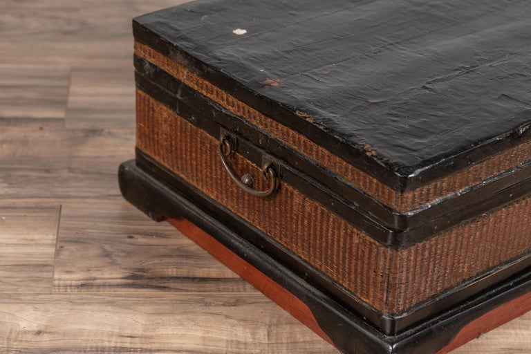 Chinese 1900s Wooden Treasure Chest with Rattan Accents and Dark Brass