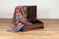 1900s Wooden Treasure Chest with Rattan Accents and Dark Brass Hardware