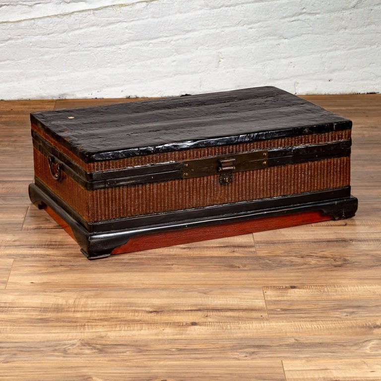 Chinese 1900s Wooden Treasure Chest with Rattan Accents and Dark Brass