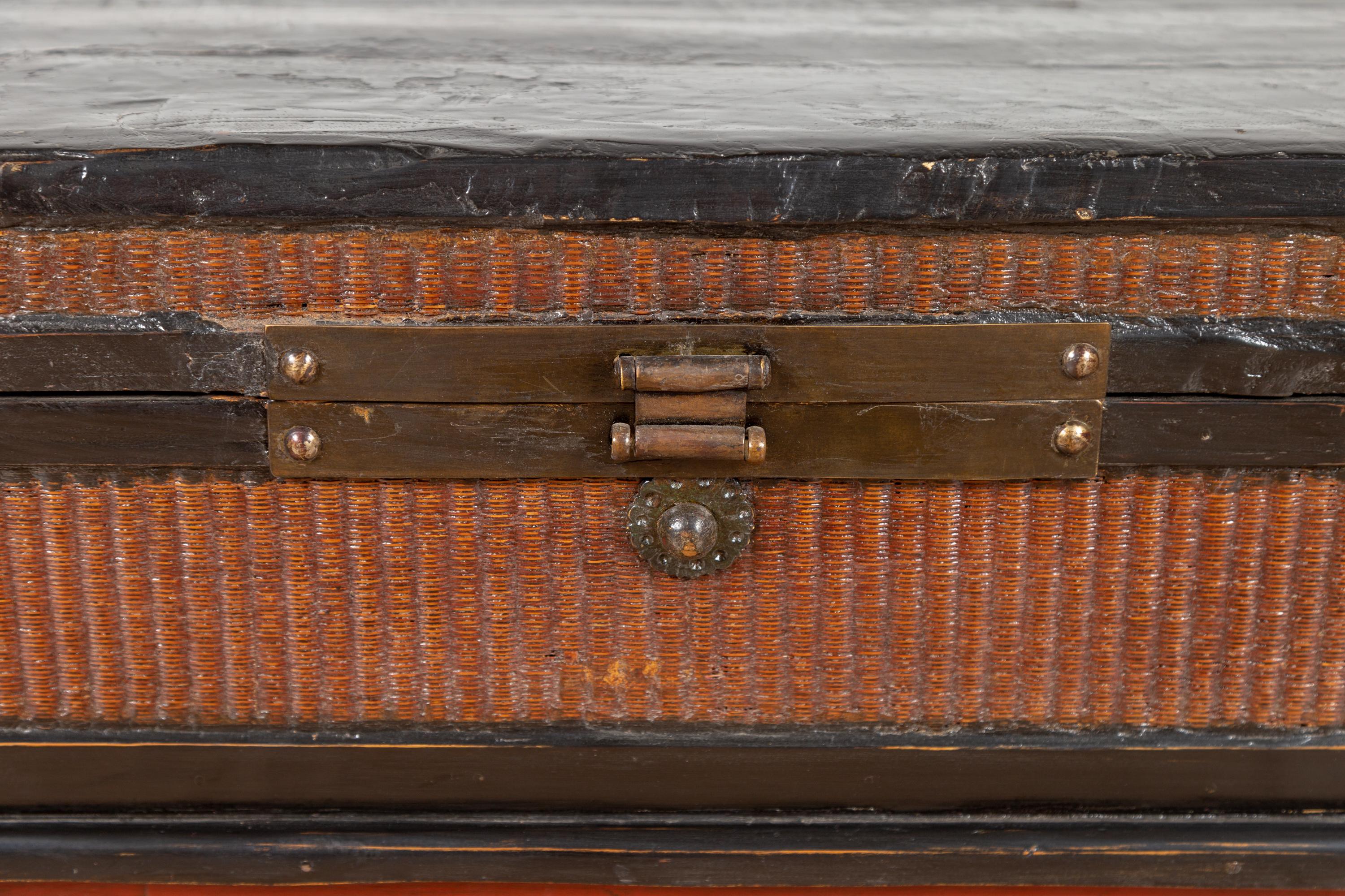 20th Century Chinese 1900s Wooden Treasure Chest with Rattan Accents and Dark Brass Hardware For Sale