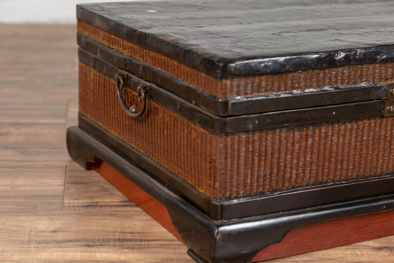 Chinese 1900s Wooden Treasure Chest with Rattan Accents and Dark Brass