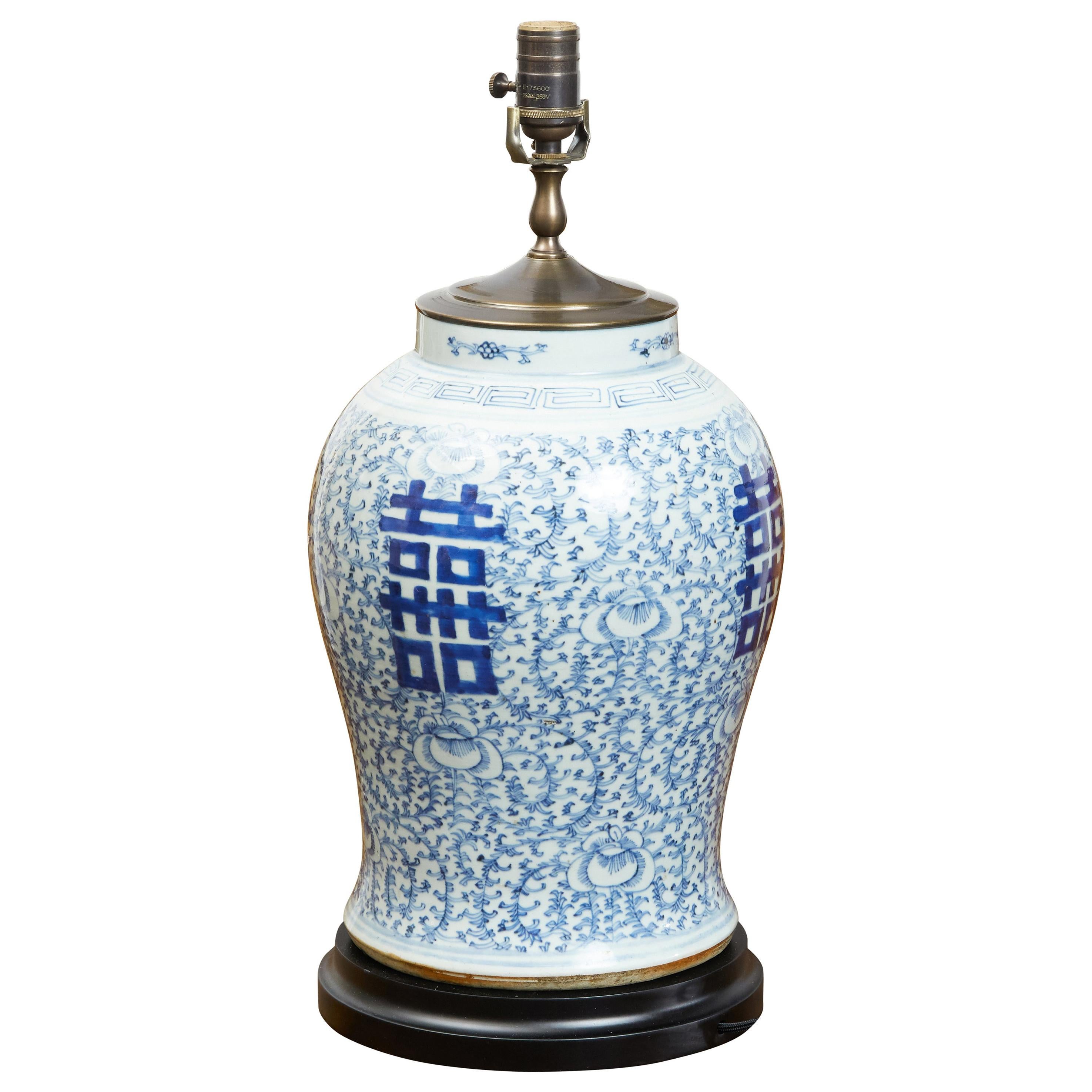 Chinese 1920s Blue and White Double Happiness Temple Jar Mounted as a Table Lamp For Sale