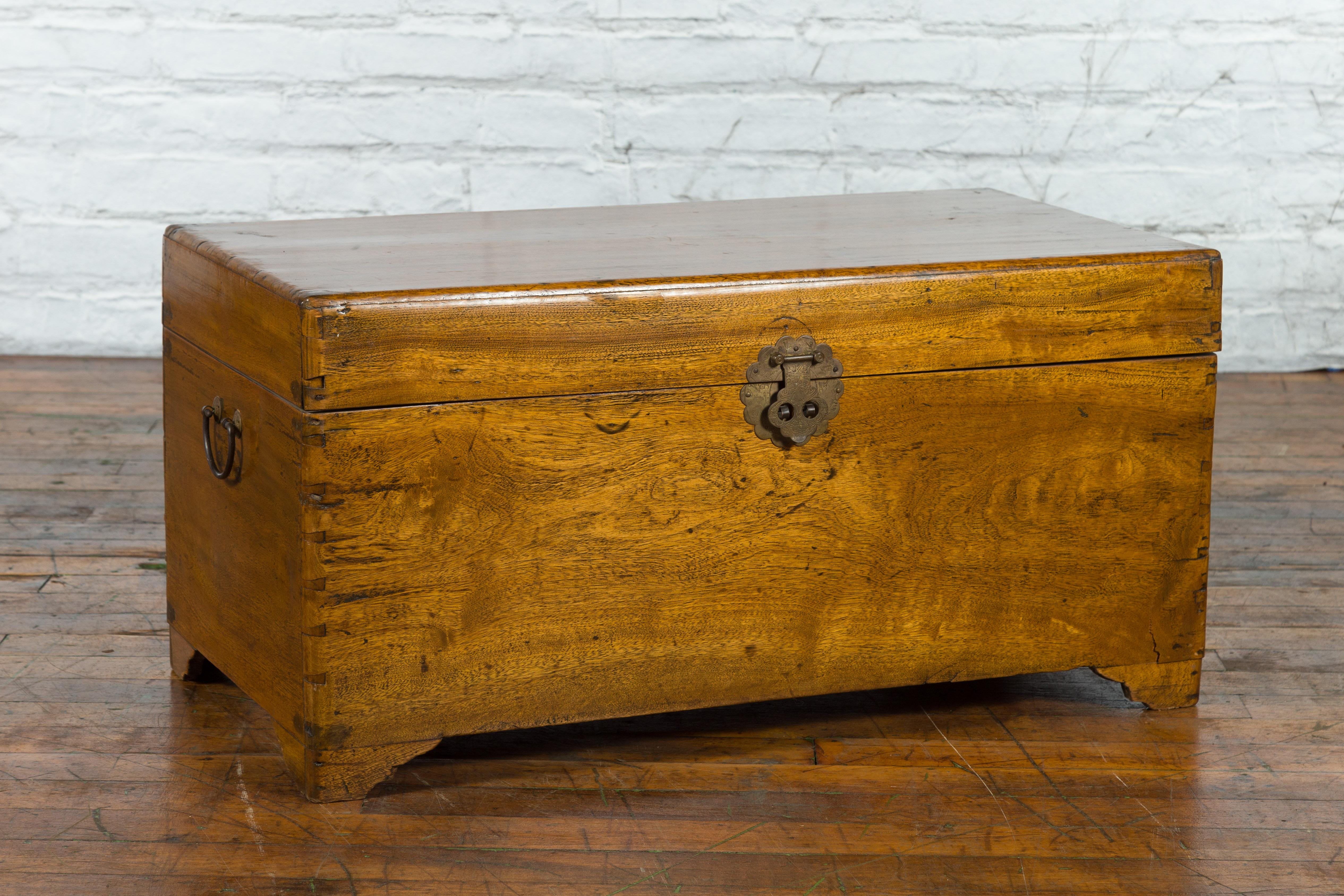 Carved Chinese 1920s Camphor Wood Blanket Chest with Brass Hardware and Natural Patina For Sale